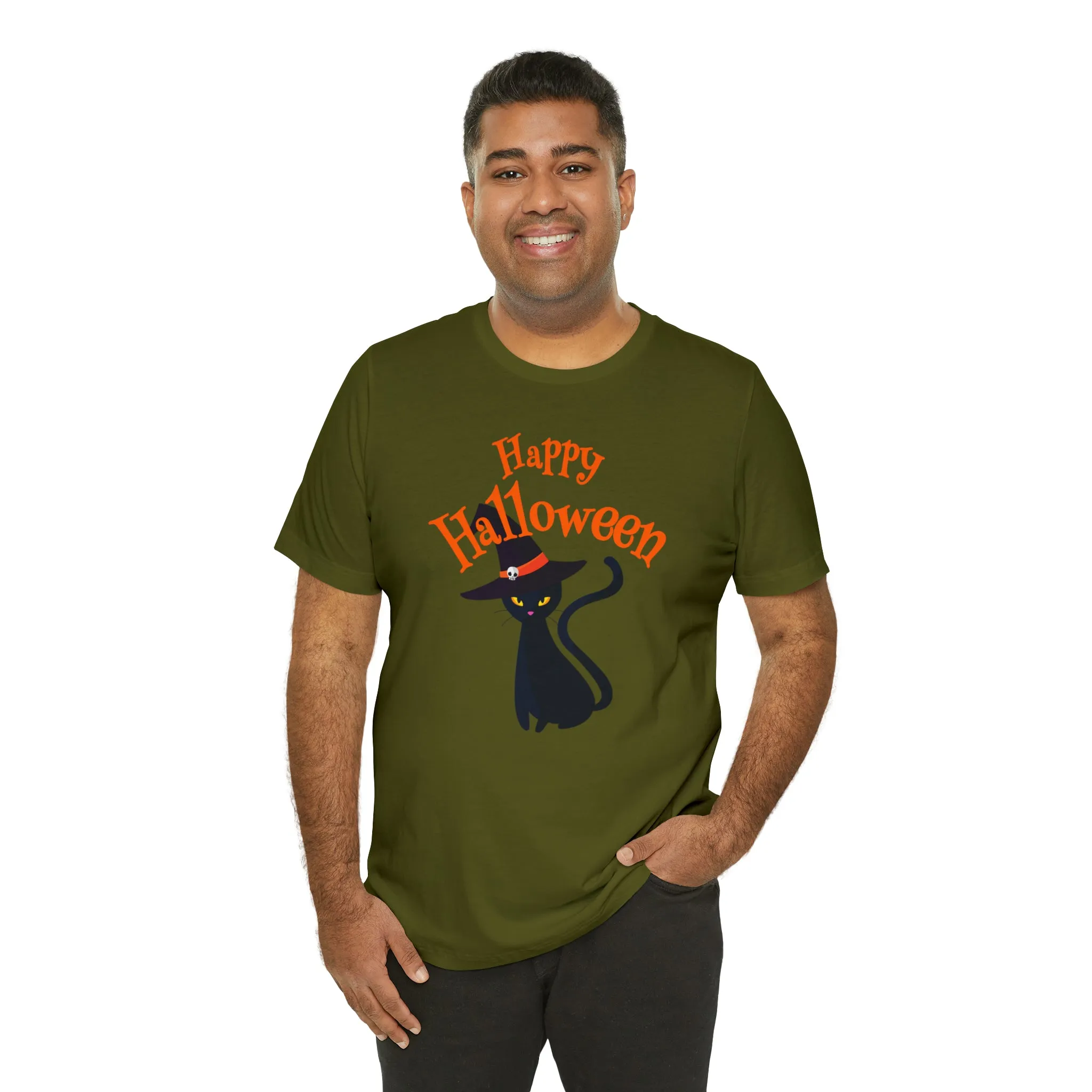 Happy Halloween Black Cat T-Shirt | Cat with Witche's Hat Tee |  Bella Canvas 3001Unisex | Funny Short Sleeve Tshirt