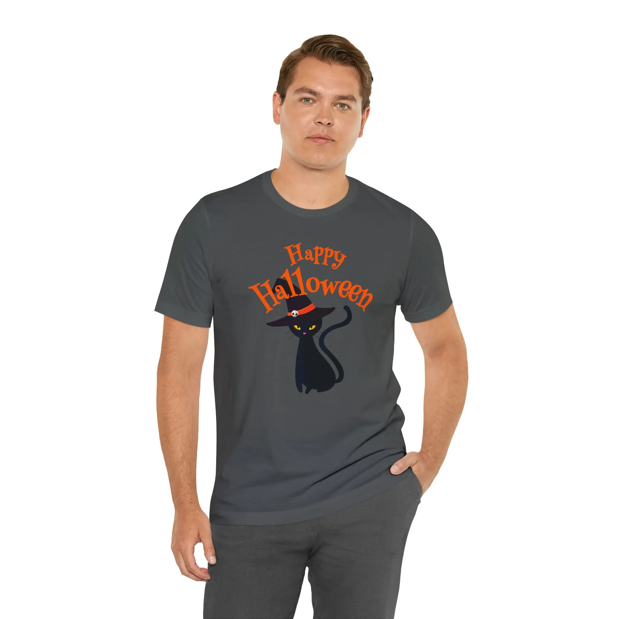 Happy Halloween Black Cat T-Shirt | Cat with Witche's Hat Tee |  Bella Canvas 3001Unisex | Funny Short Sleeve Tshirt