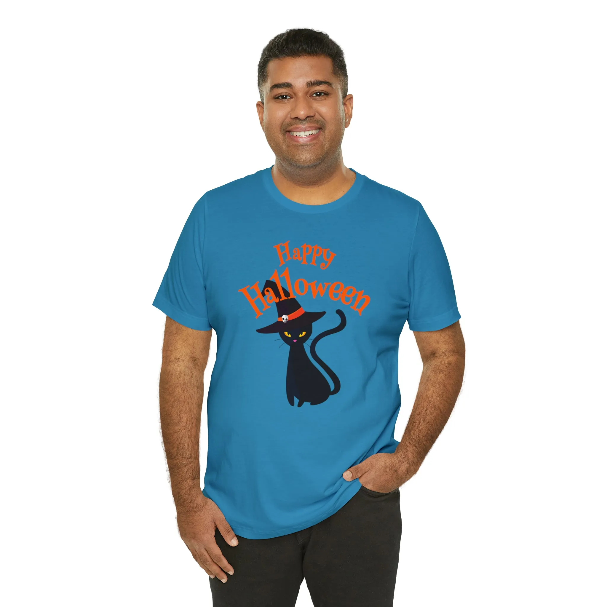 Happy Halloween Black Cat T-Shirt | Cat with Witche's Hat Tee |  Bella Canvas 3001Unisex | Funny Short Sleeve Tshirt