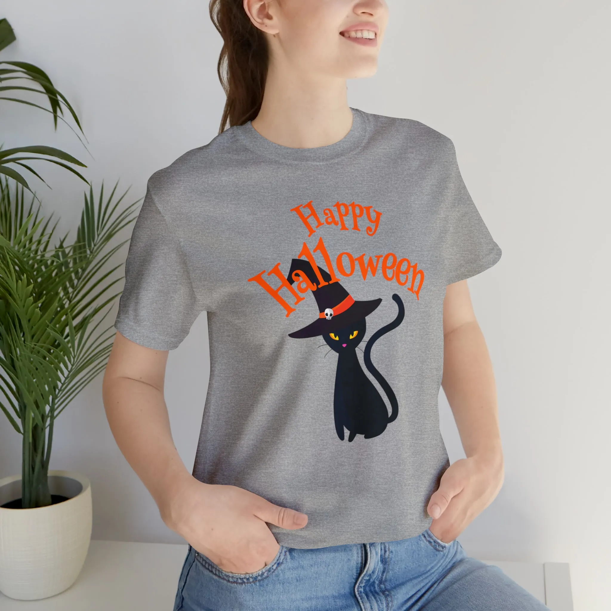 Happy Halloween Black Cat T-Shirt | Cat with Witche's Hat Tee |  Bella Canvas 3001Unisex | Funny Short Sleeve Tshirt