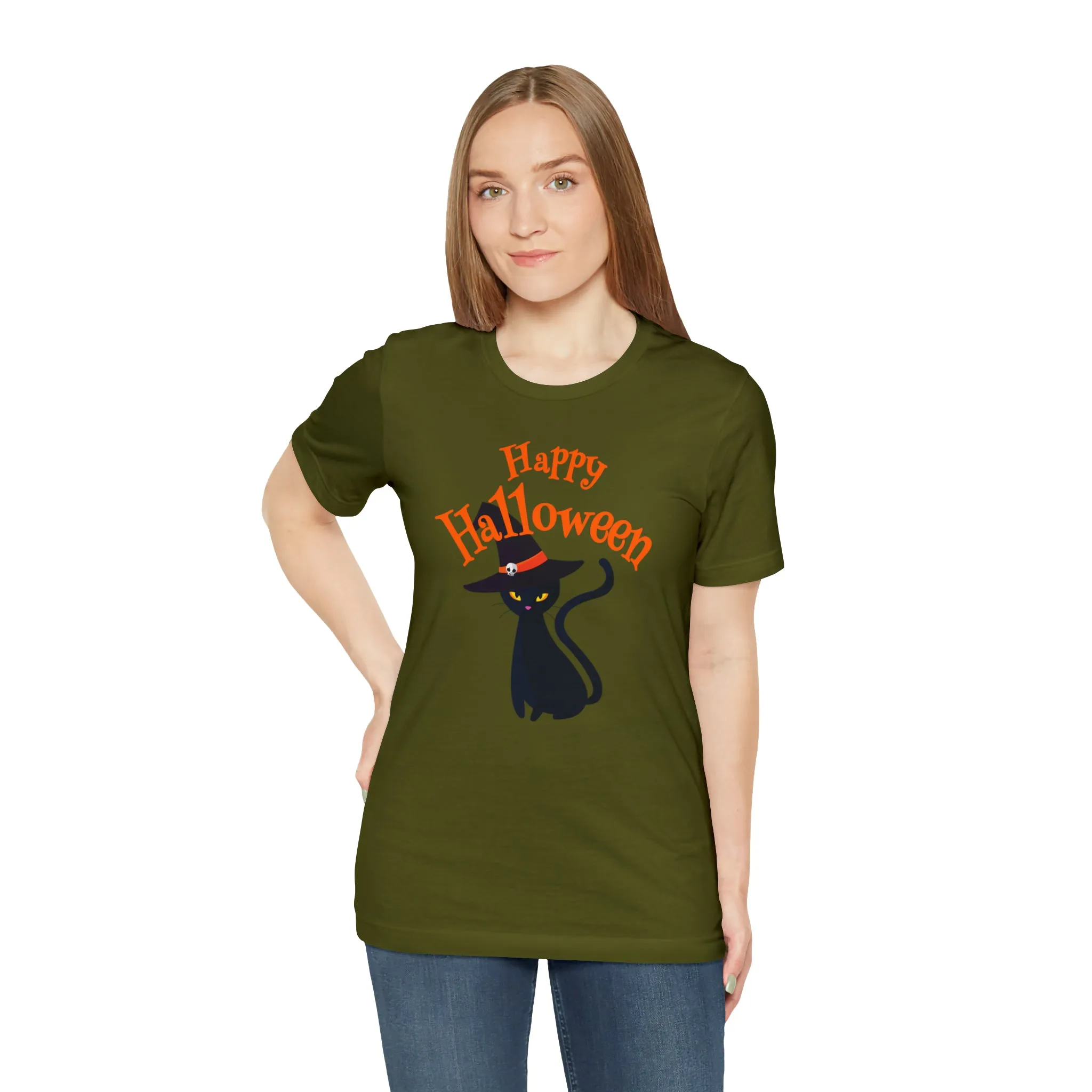 Happy Halloween Black Cat T-Shirt | Cat with Witche's Hat Tee |  Bella Canvas 3001Unisex | Funny Short Sleeve Tshirt