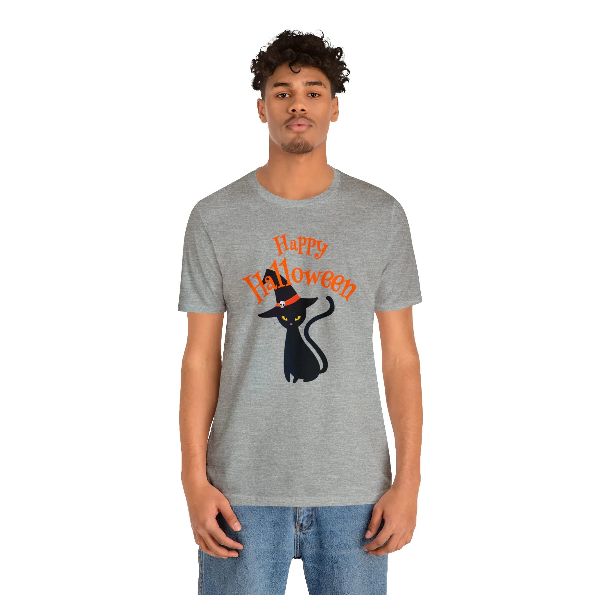 Happy Halloween Black Cat T-Shirt | Cat with Witche's Hat Tee |  Bella Canvas 3001Unisex | Funny Short Sleeve Tshirt