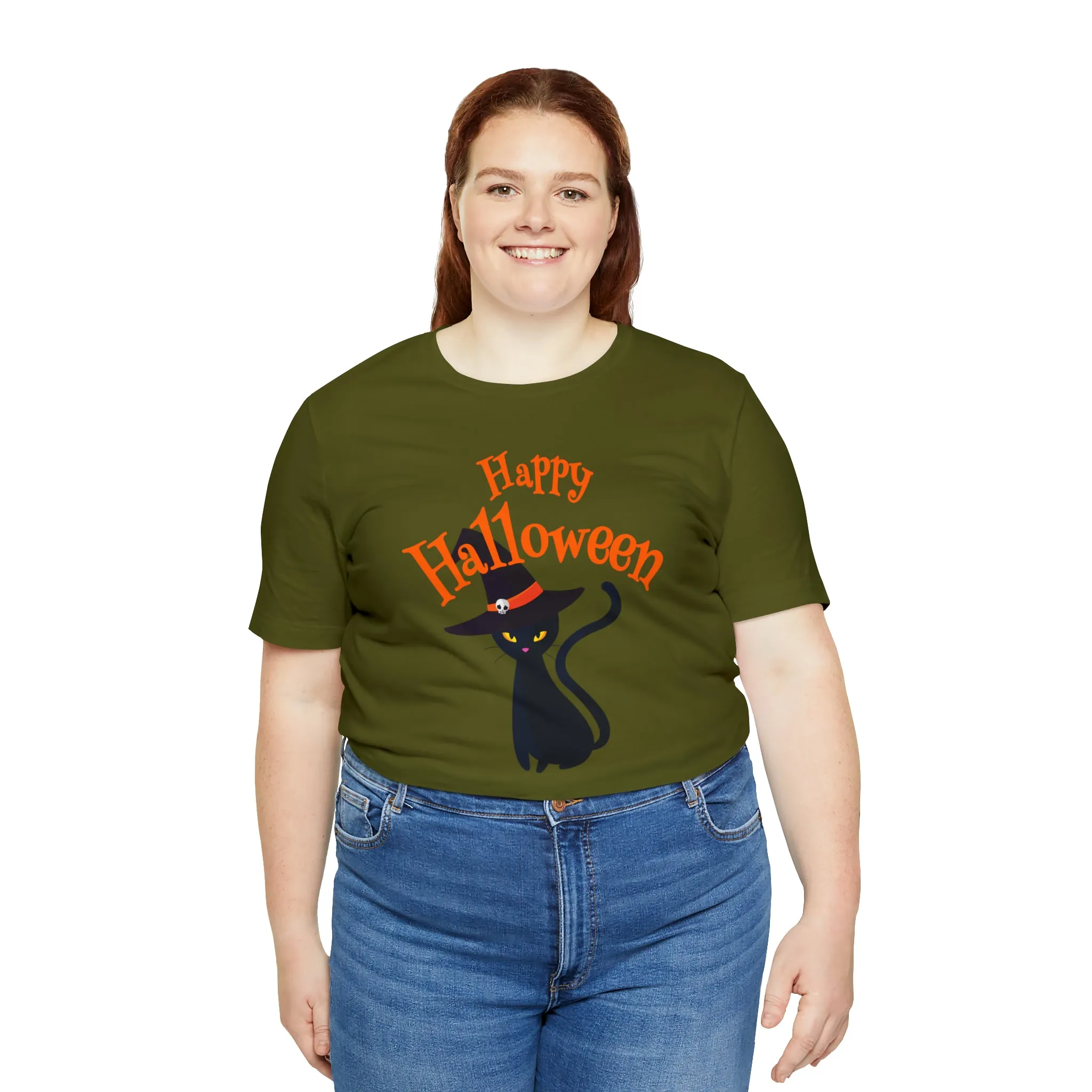 Happy Halloween Black Cat T-Shirt | Cat with Witche's Hat Tee |  Bella Canvas 3001Unisex | Funny Short Sleeve Tshirt