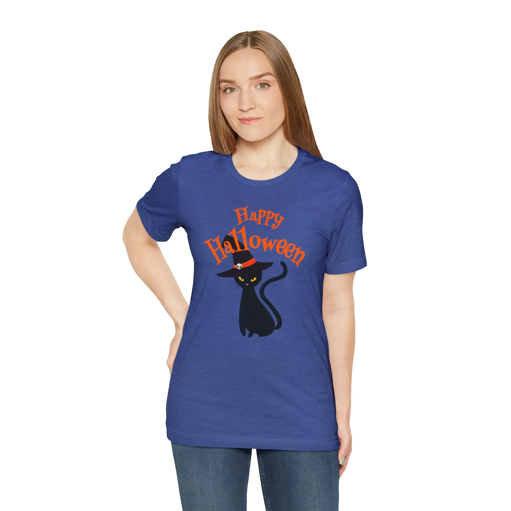 Happy Halloween Black Cat T-Shirt | Cat with Witche's Hat Tee |  Bella Canvas 3001Unisex | Funny Short Sleeve Tshirt