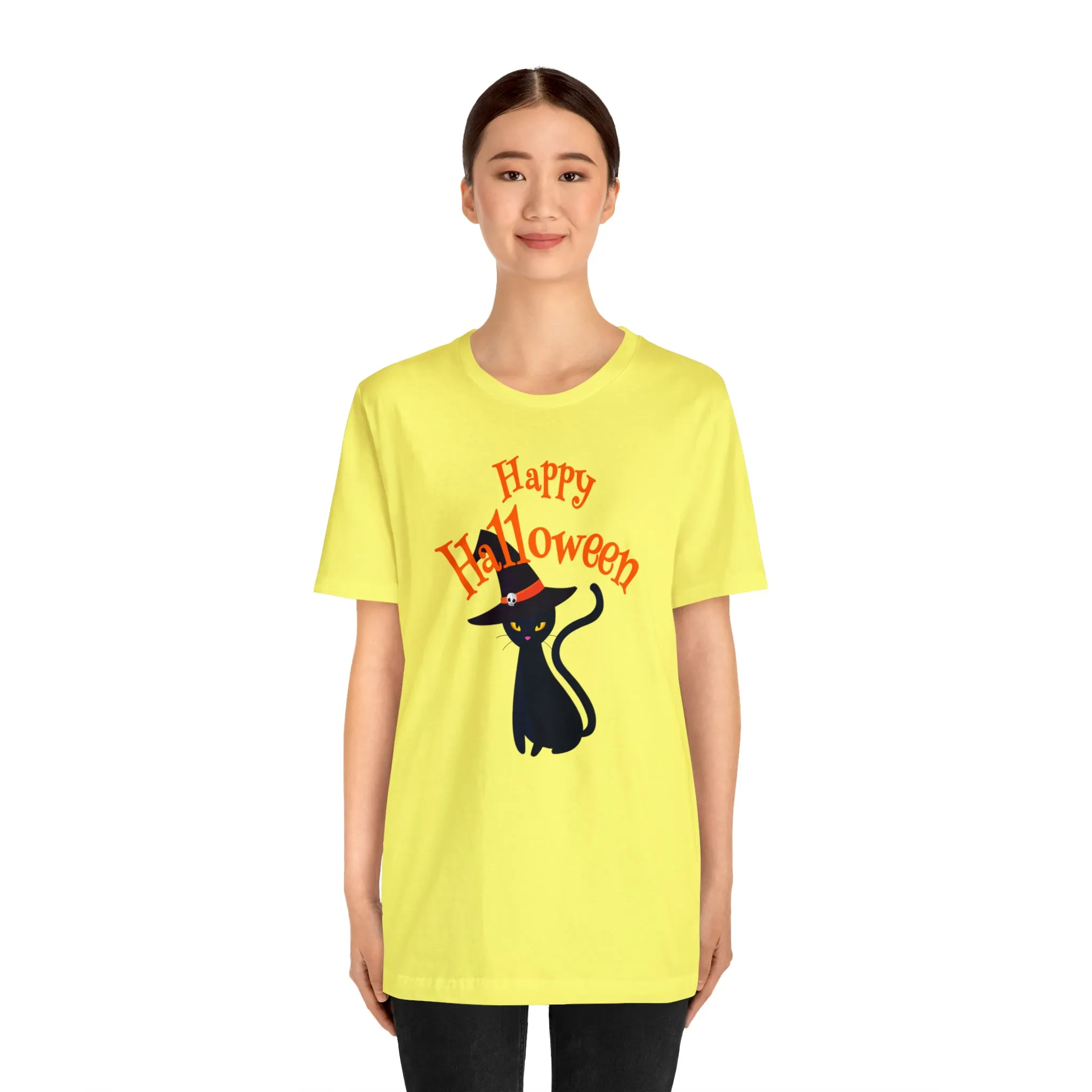 Happy Halloween Black Cat T-Shirt | Cat with Witche's Hat Tee |  Bella Canvas 3001Unisex | Funny Short Sleeve Tshirt