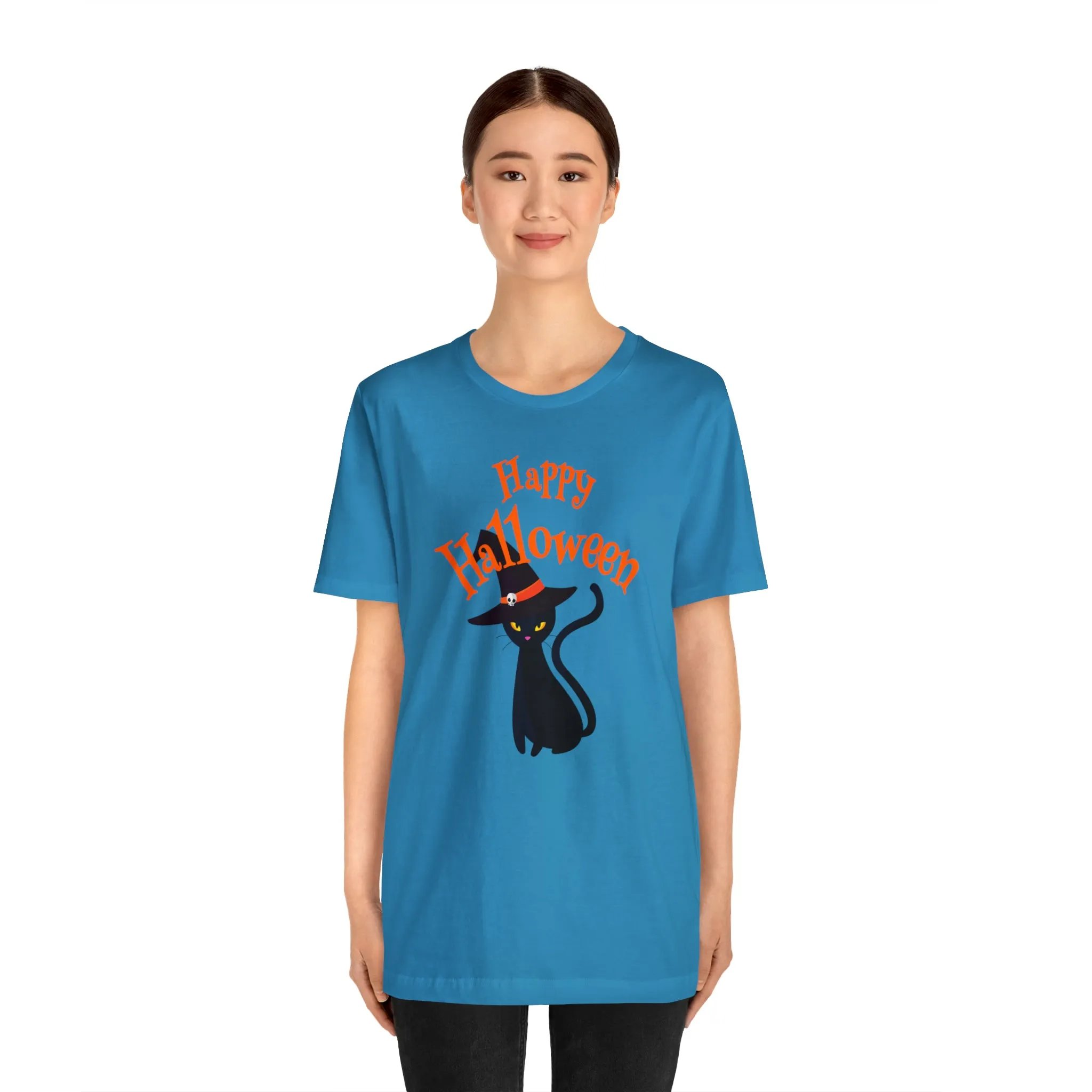 Happy Halloween Black Cat T-Shirt | Cat with Witche's Hat Tee |  Bella Canvas 3001Unisex | Funny Short Sleeve Tshirt