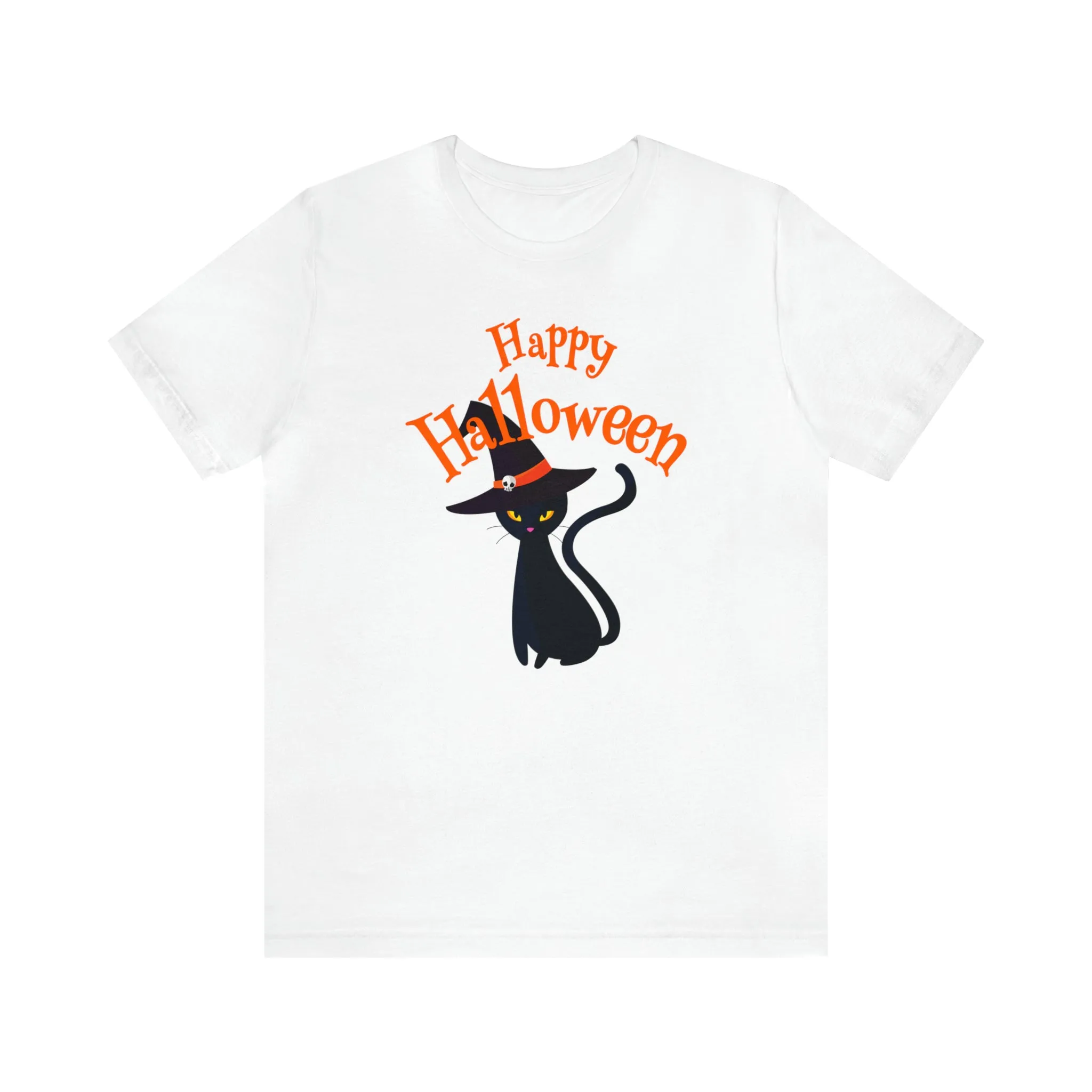 Happy Halloween Black Cat T-Shirt | Cat with Witche's Hat Tee |  Bella Canvas 3001Unisex | Funny Short Sleeve Tshirt