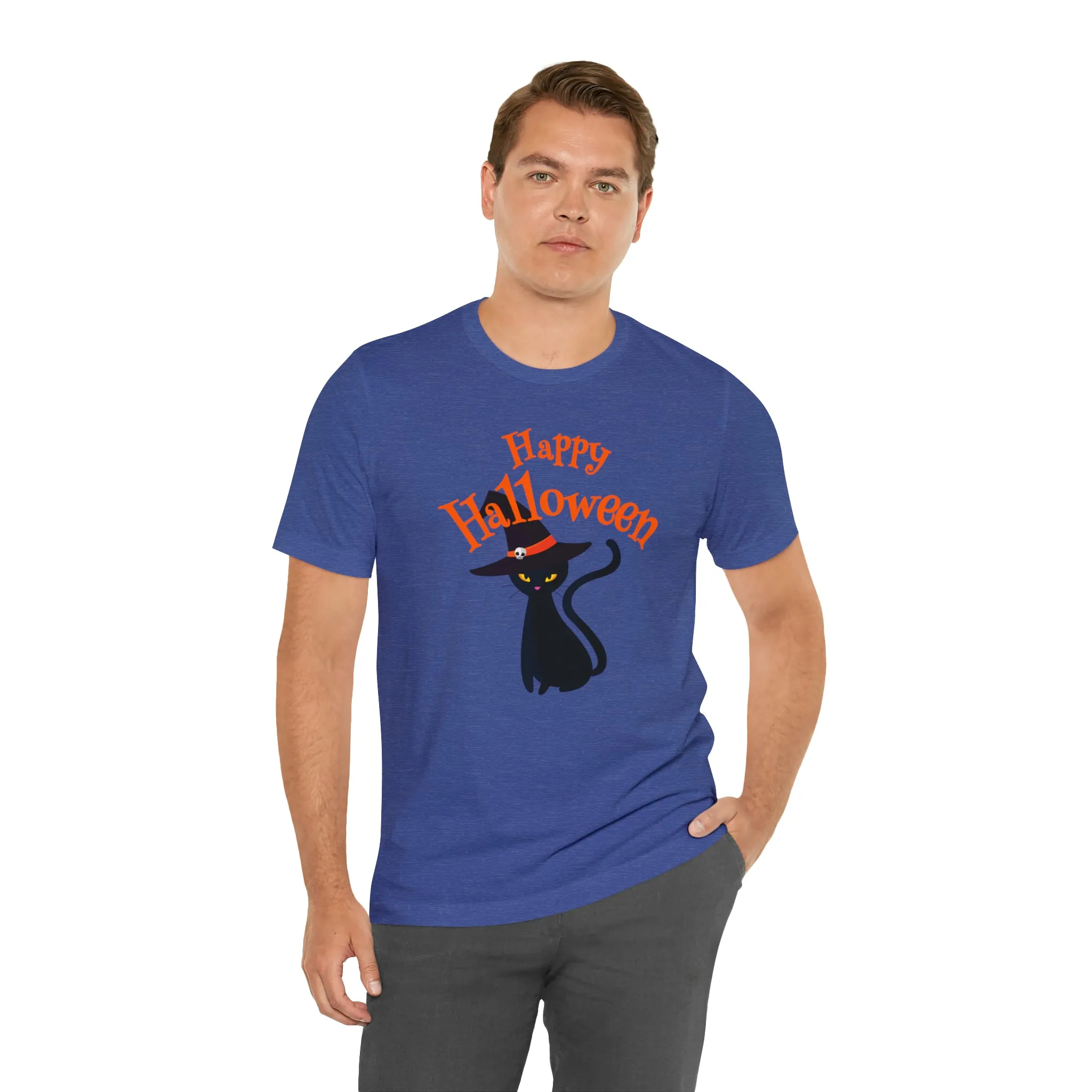 Happy Halloween Black Cat T-Shirt | Cat with Witche's Hat Tee |  Bella Canvas 3001Unisex | Funny Short Sleeve Tshirt
