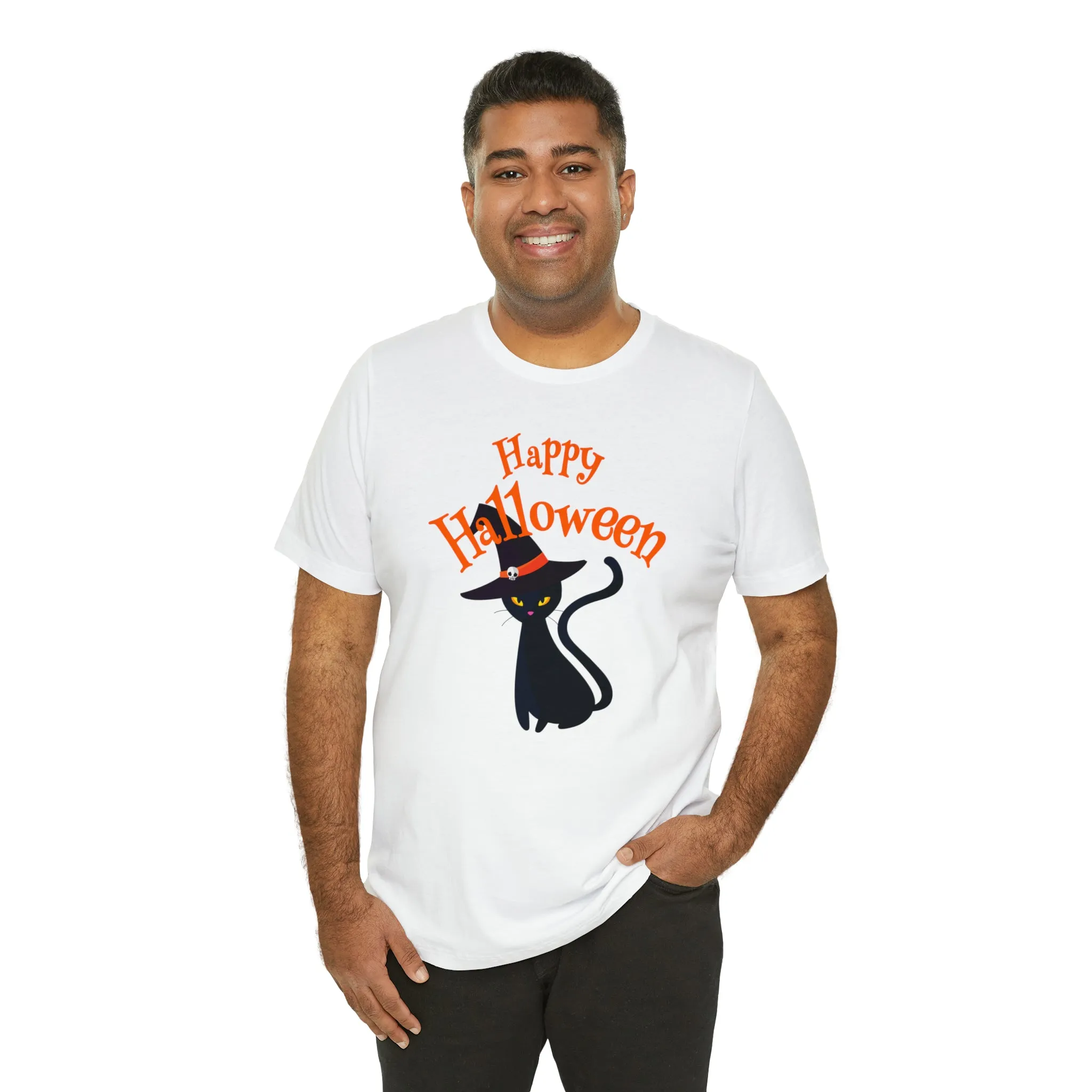 Happy Halloween Black Cat T-Shirt | Cat with Witche's Hat Tee |  Bella Canvas 3001Unisex | Funny Short Sleeve Tshirt