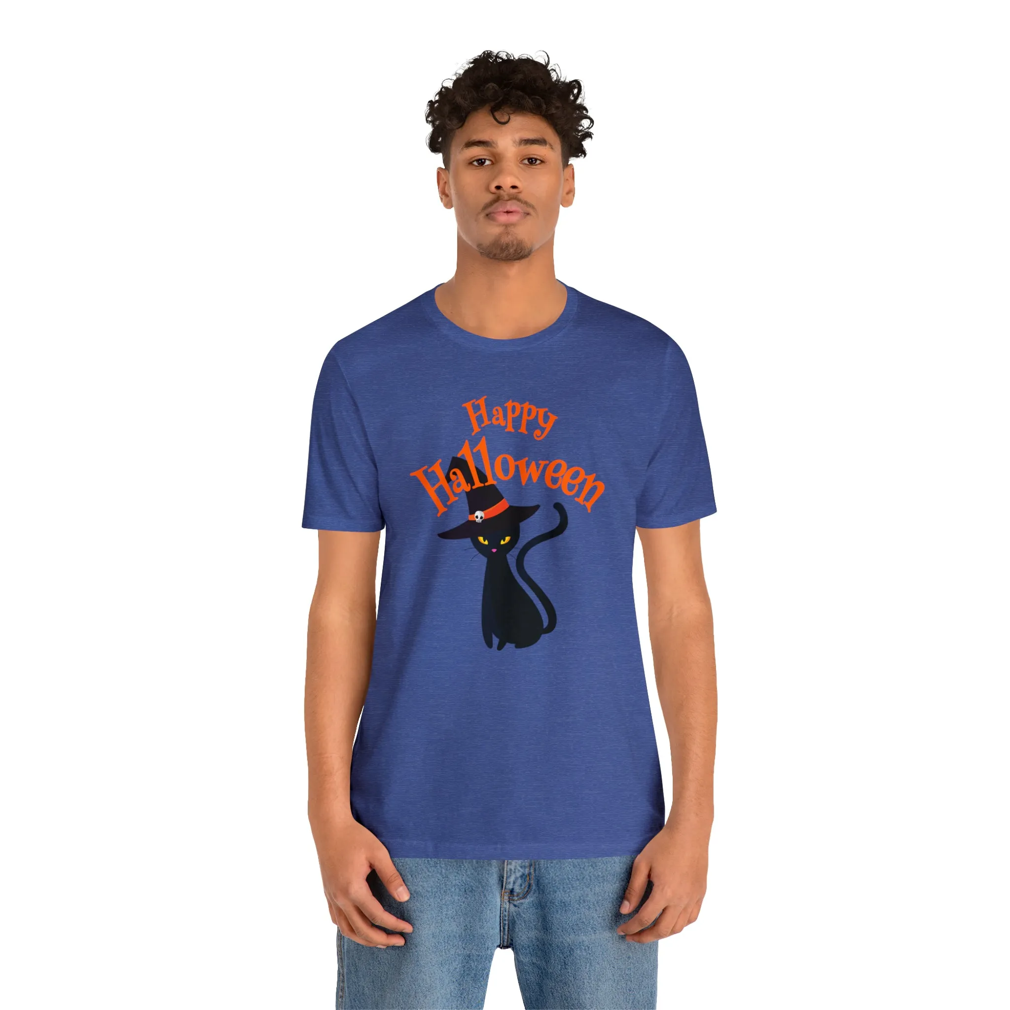 Happy Halloween Black Cat T-Shirt | Cat with Witche's Hat Tee |  Bella Canvas 3001Unisex | Funny Short Sleeve Tshirt