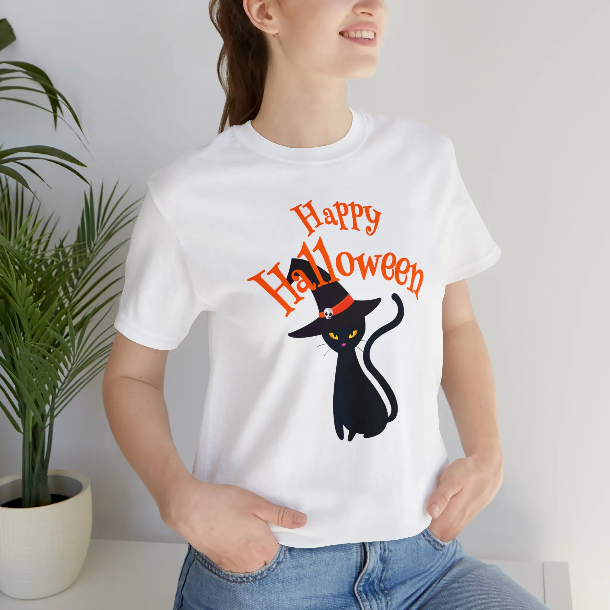 Happy Halloween Black Cat T-Shirt | Cat with Witche's Hat Tee |  Bella Canvas 3001Unisex | Funny Short Sleeve Tshirt