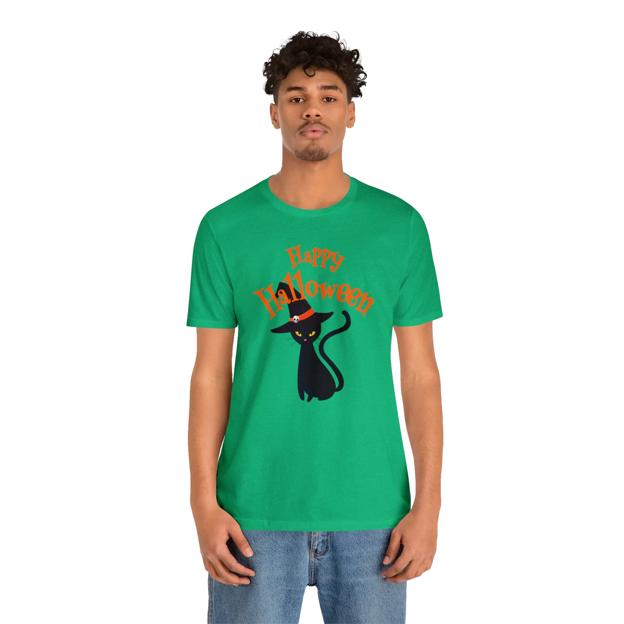 Happy Halloween Black Cat T-Shirt | Cat with Witche's Hat Tee |  Bella Canvas 3001Unisex | Funny Short Sleeve Tshirt