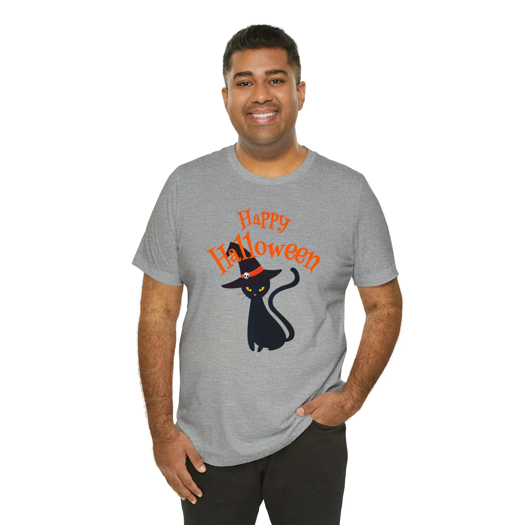 Happy Halloween Black Cat T-Shirt | Cat with Witche's Hat Tee |  Bella Canvas 3001Unisex | Funny Short Sleeve Tshirt