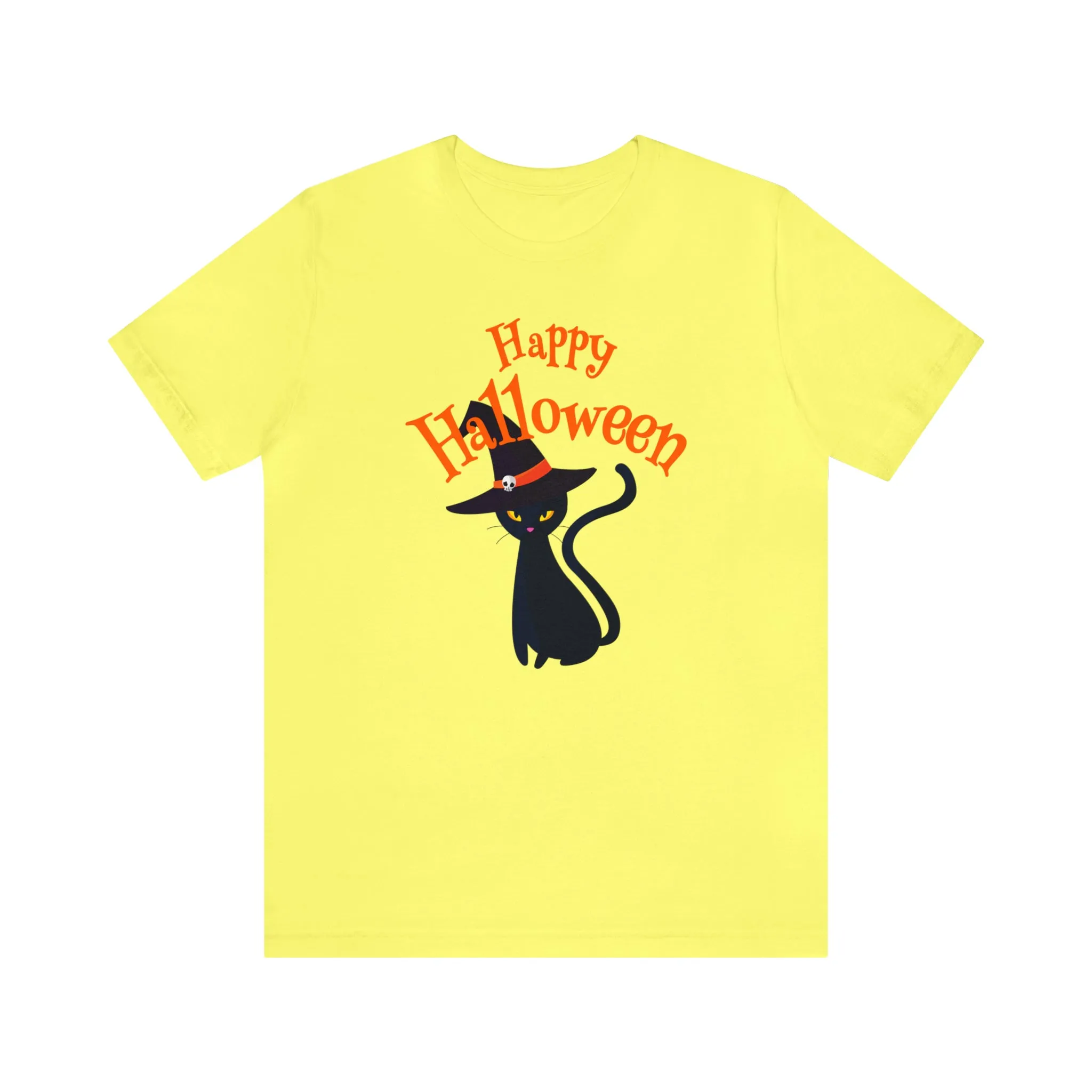 Happy Halloween Black Cat T-Shirt | Cat with Witche's Hat Tee |  Bella Canvas 3001Unisex | Funny Short Sleeve Tshirt