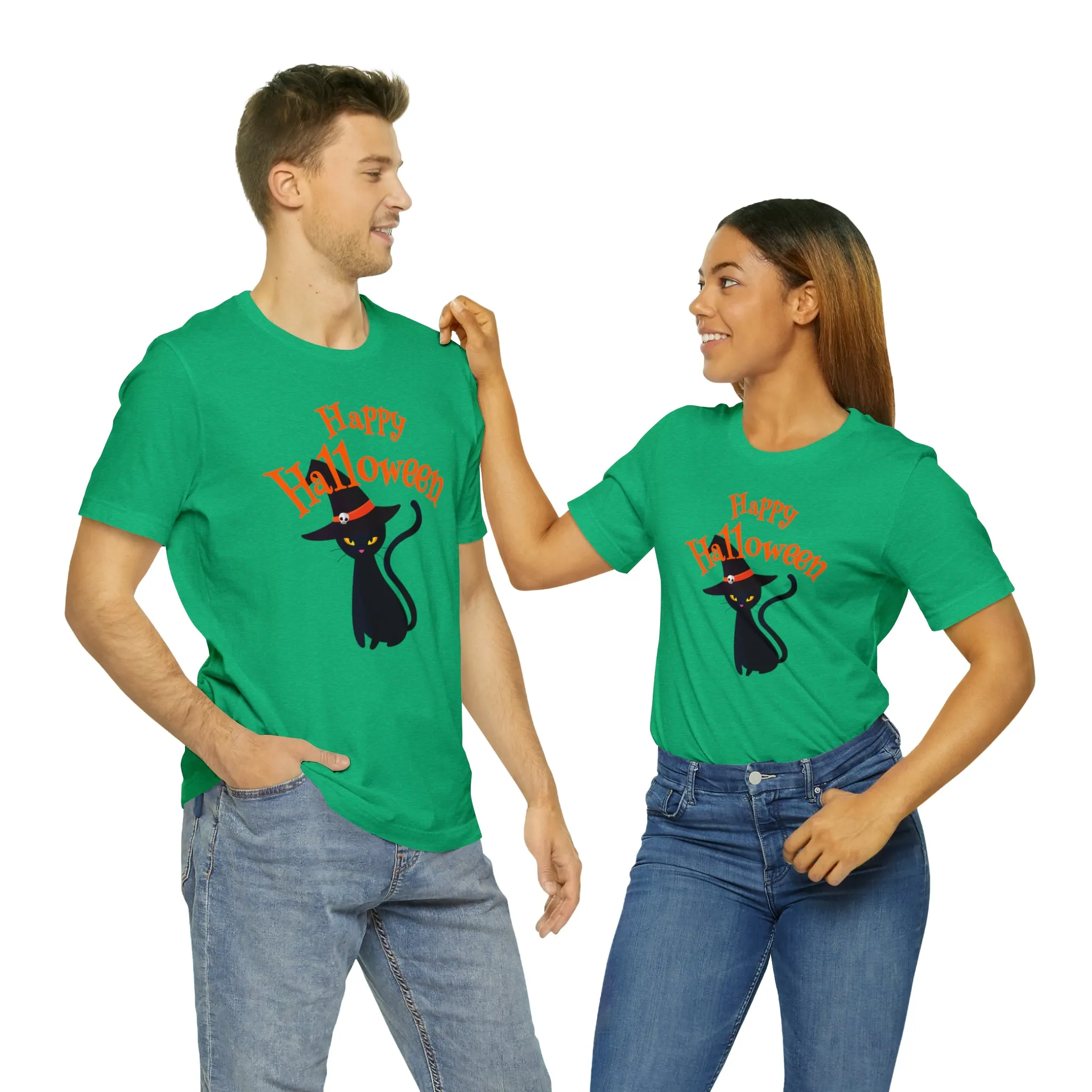 Happy Halloween Black Cat T-Shirt | Cat with Witche's Hat Tee |  Bella Canvas 3001Unisex | Funny Short Sleeve Tshirt