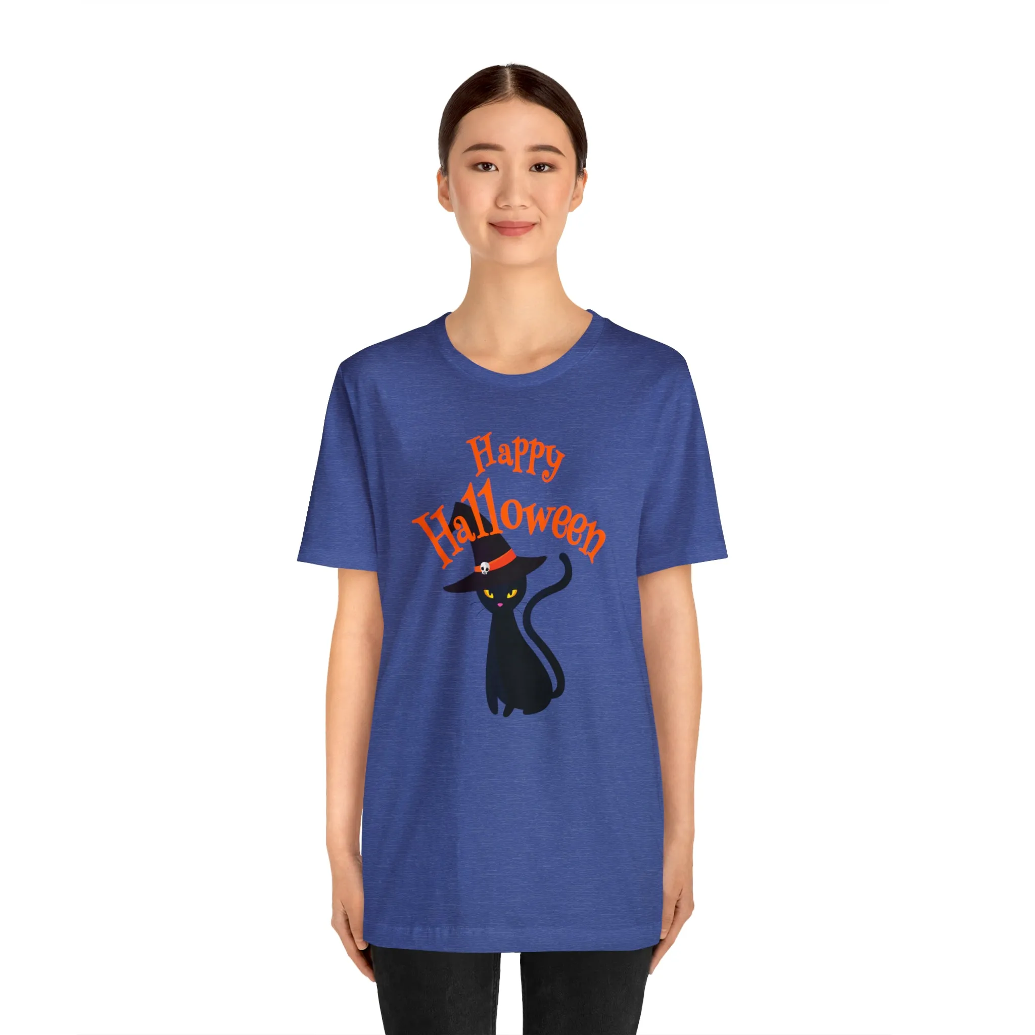 Happy Halloween Black Cat T-Shirt | Cat with Witche's Hat Tee |  Bella Canvas 3001Unisex | Funny Short Sleeve Tshirt