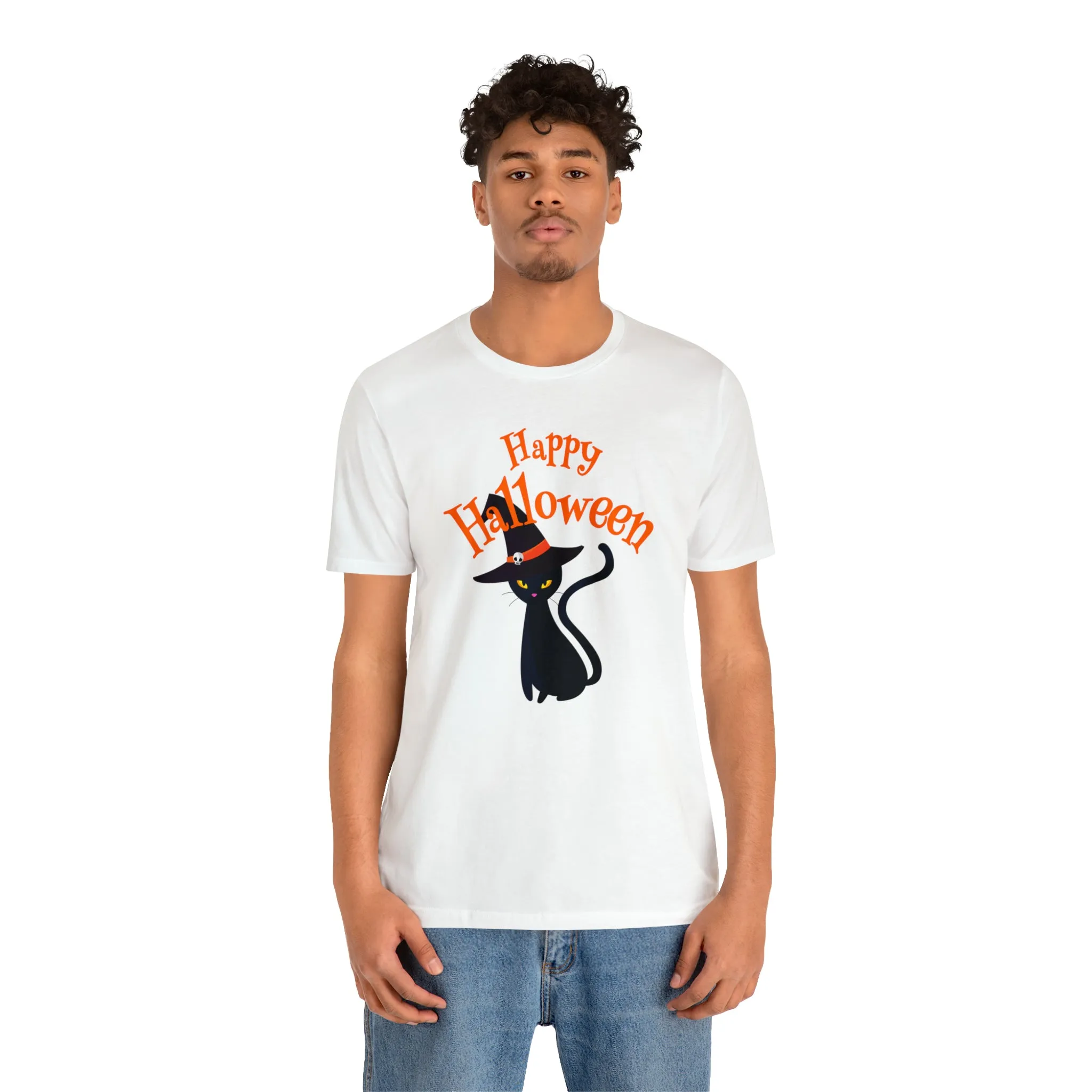 Happy Halloween Black Cat T-Shirt | Cat with Witche's Hat Tee |  Bella Canvas 3001Unisex | Funny Short Sleeve Tshirt