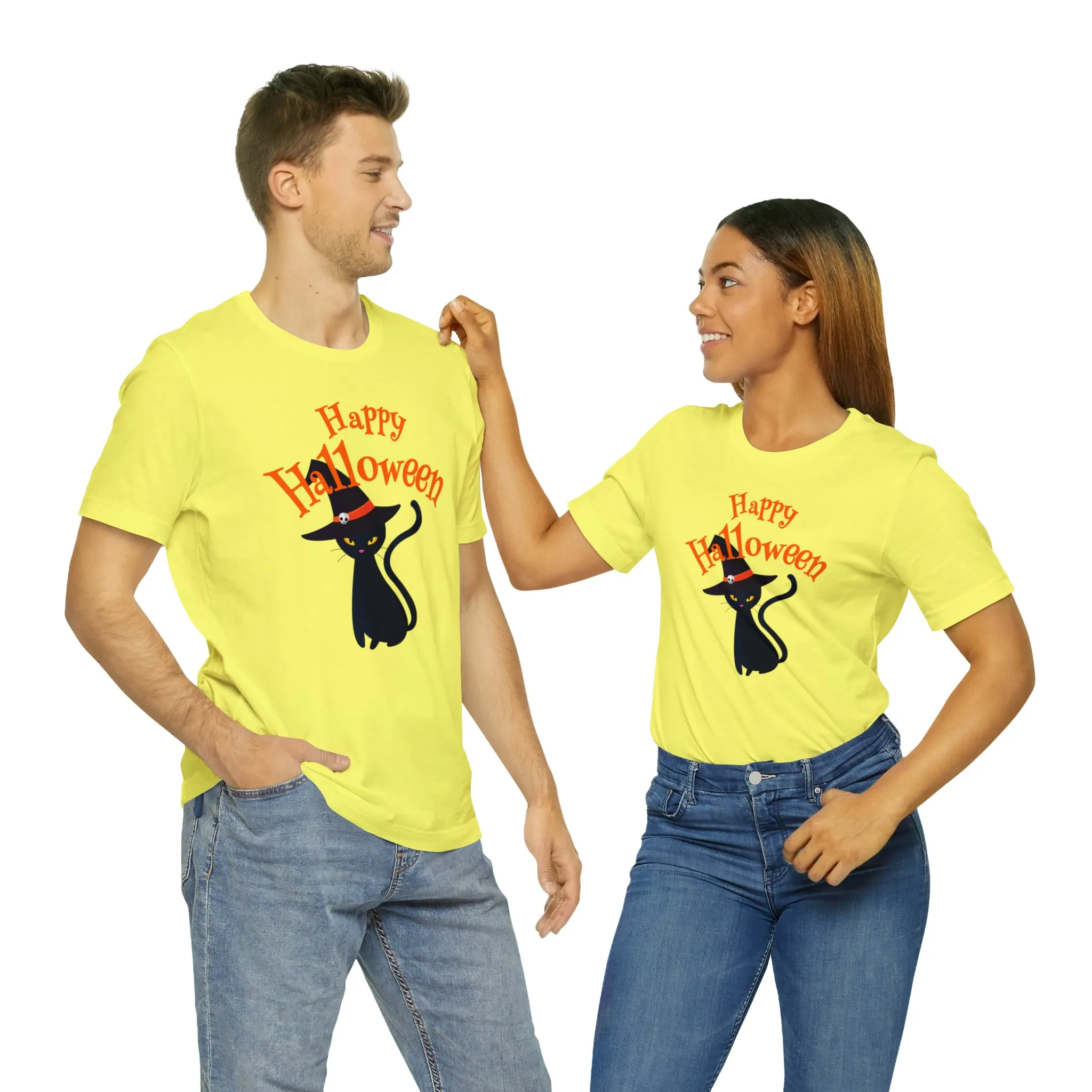 Happy Halloween Black Cat T-Shirt | Cat with Witche's Hat Tee |  Bella Canvas 3001Unisex | Funny Short Sleeve Tshirt