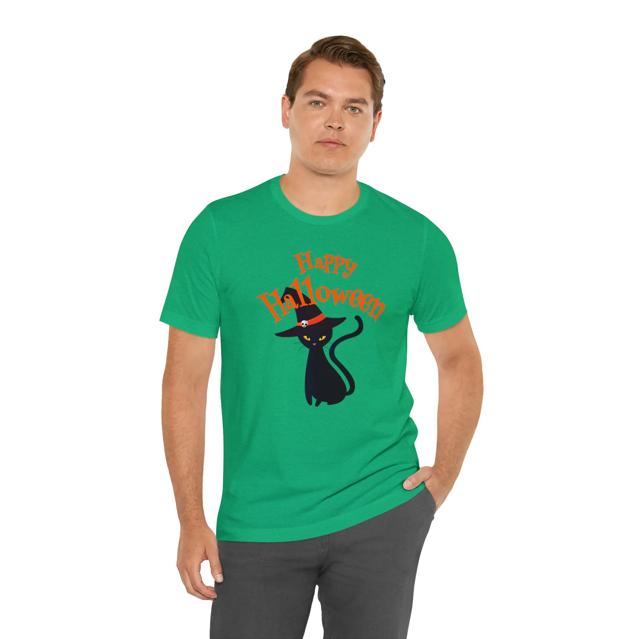 Happy Halloween Black Cat T-Shirt | Cat with Witche's Hat Tee |  Bella Canvas 3001Unisex | Funny Short Sleeve Tshirt