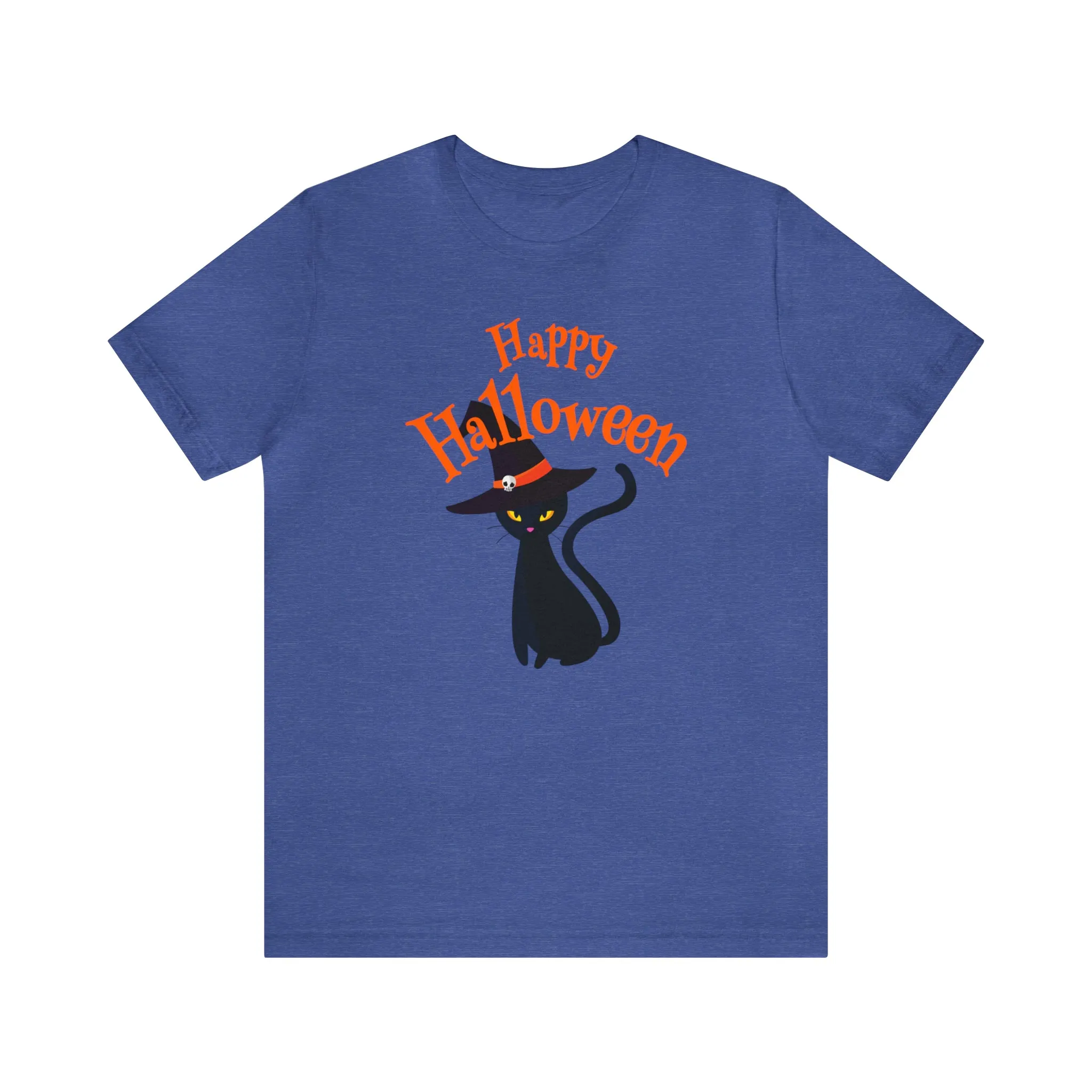 Happy Halloween Black Cat T-Shirt | Cat with Witche's Hat Tee |  Bella Canvas 3001Unisex | Funny Short Sleeve Tshirt