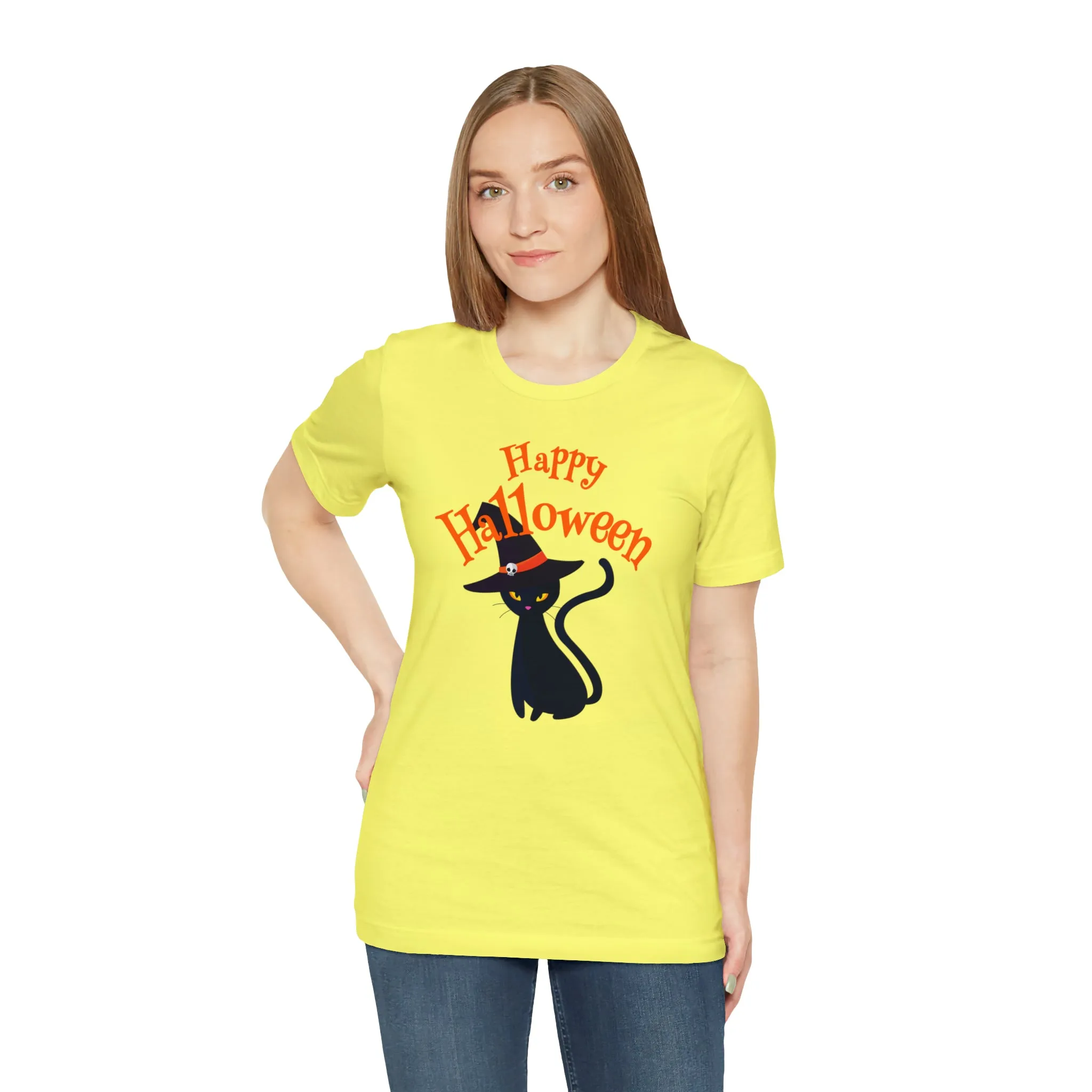 Happy Halloween Black Cat T-Shirt | Cat with Witche's Hat Tee |  Bella Canvas 3001Unisex | Funny Short Sleeve Tshirt