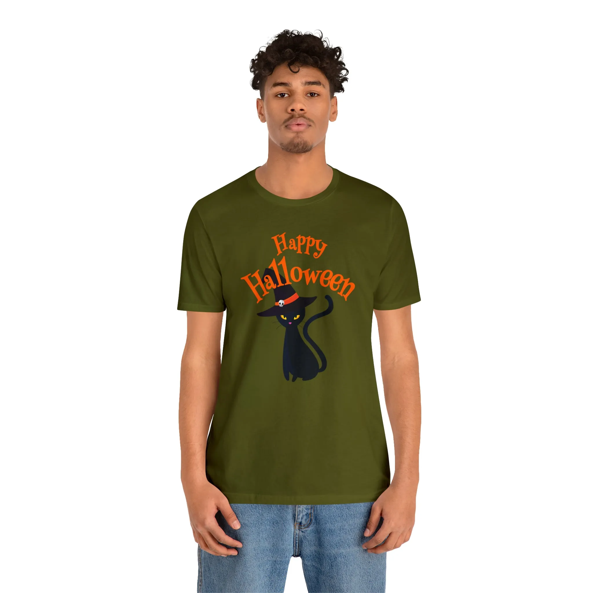 Happy Halloween Black Cat T-Shirt | Cat with Witche's Hat Tee |  Bella Canvas 3001Unisex | Funny Short Sleeve Tshirt