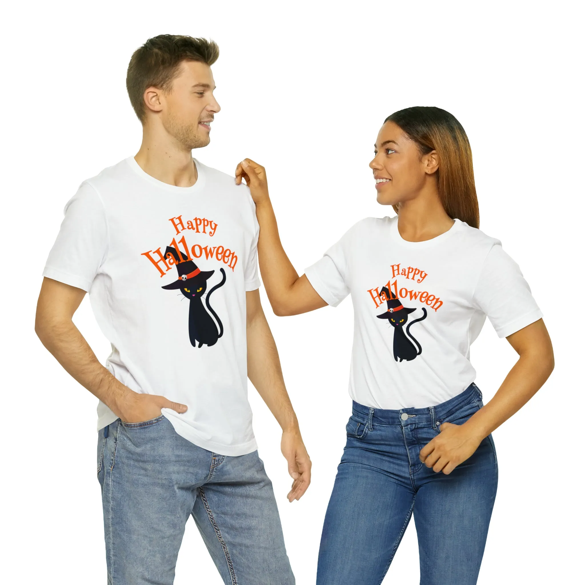 Happy Halloween Black Cat T-Shirt | Cat with Witche's Hat Tee |  Bella Canvas 3001Unisex | Funny Short Sleeve Tshirt