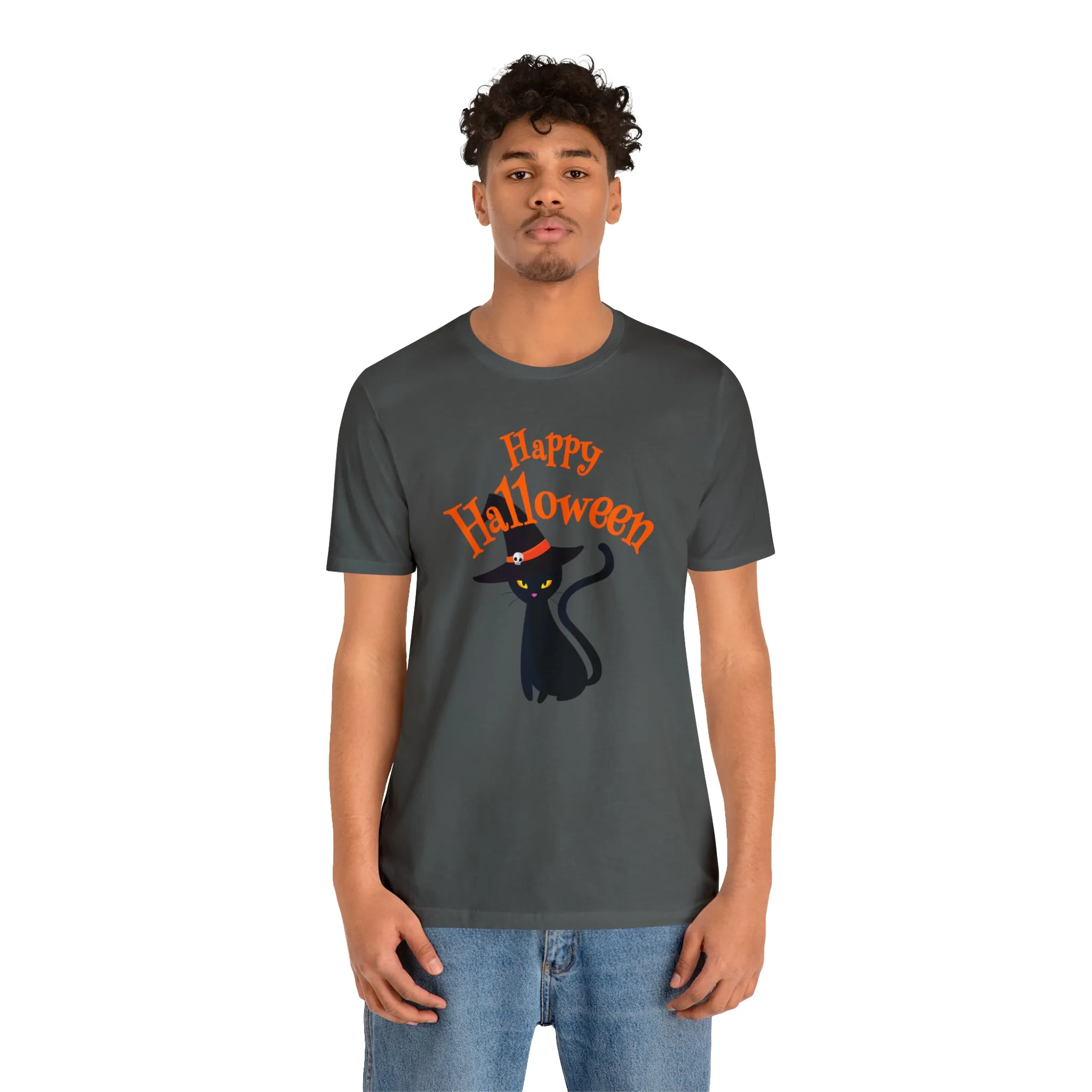 Happy Halloween Black Cat T-Shirt | Cat with Witche's Hat Tee |  Bella Canvas 3001Unisex | Funny Short Sleeve Tshirt
