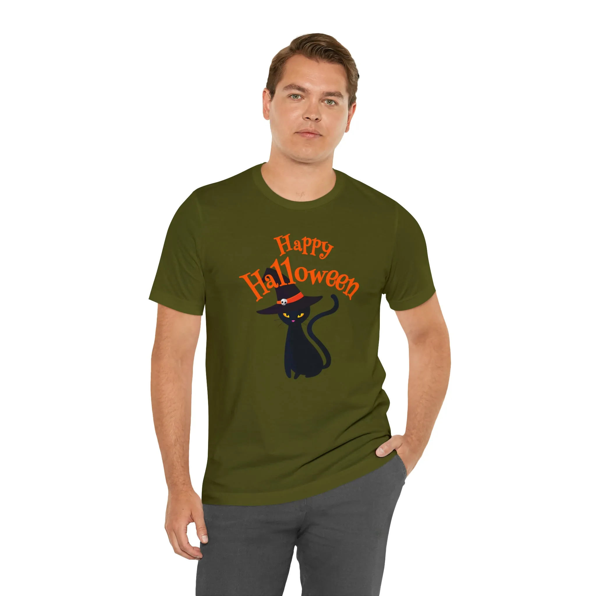 Happy Halloween Black Cat T-Shirt | Cat with Witche's Hat Tee |  Bella Canvas 3001Unisex | Funny Short Sleeve Tshirt