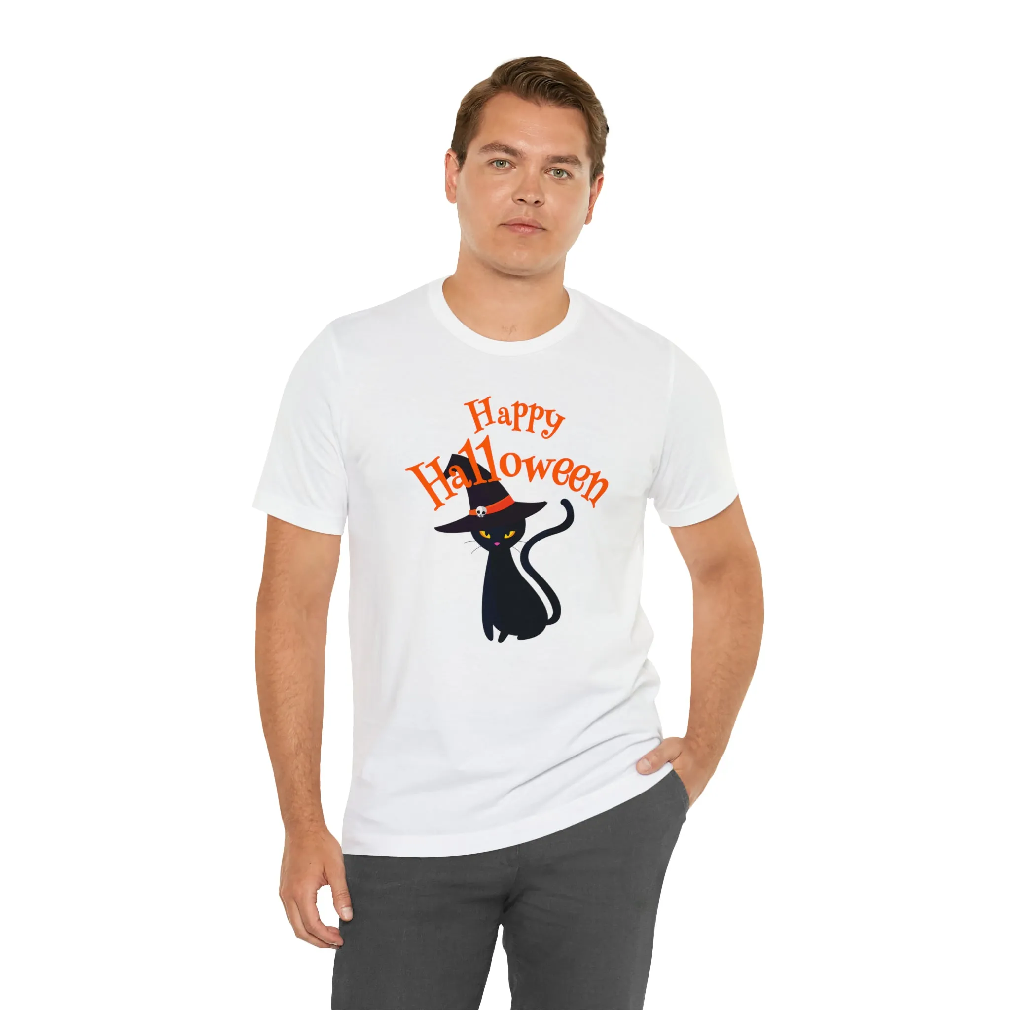 Happy Halloween Black Cat T-Shirt | Cat with Witche's Hat Tee |  Bella Canvas 3001Unisex | Funny Short Sleeve Tshirt