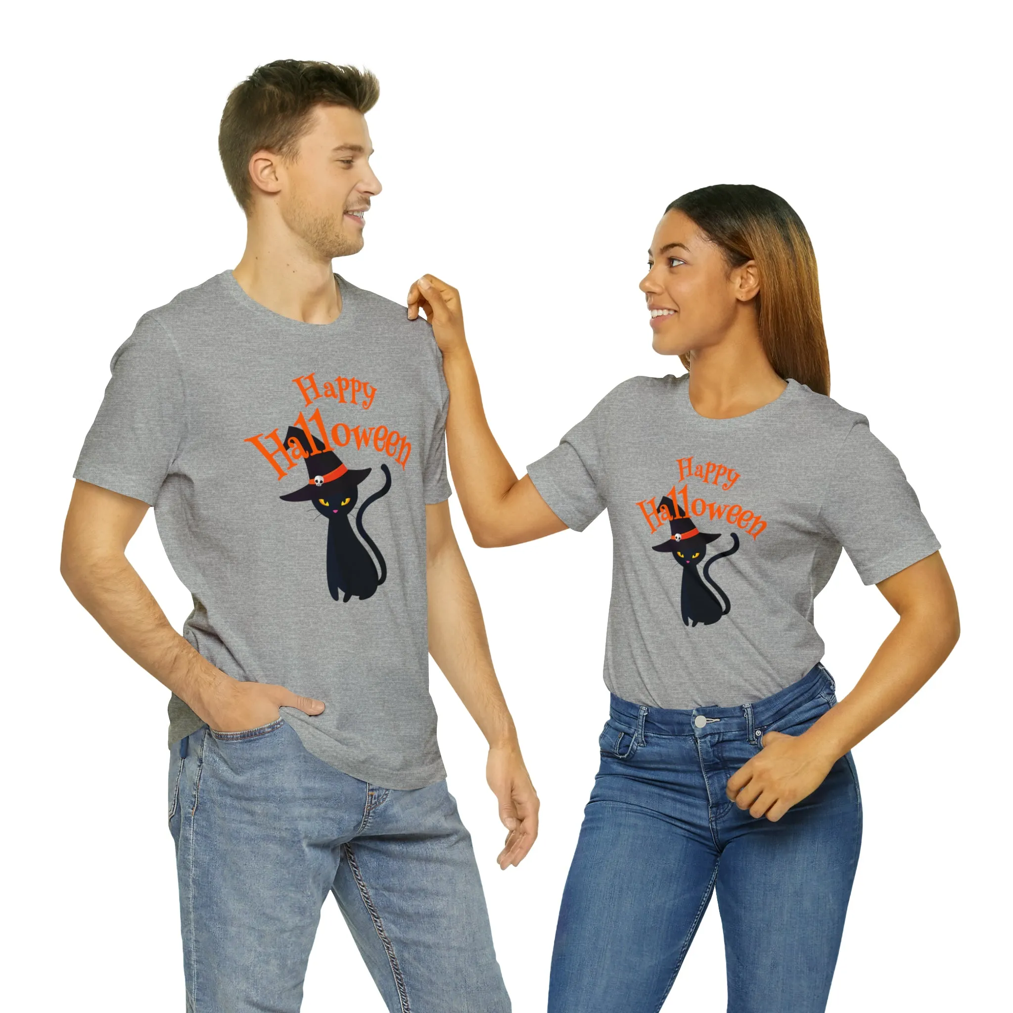 Happy Halloween Black Cat T-Shirt | Cat with Witche's Hat Tee |  Bella Canvas 3001Unisex | Funny Short Sleeve Tshirt