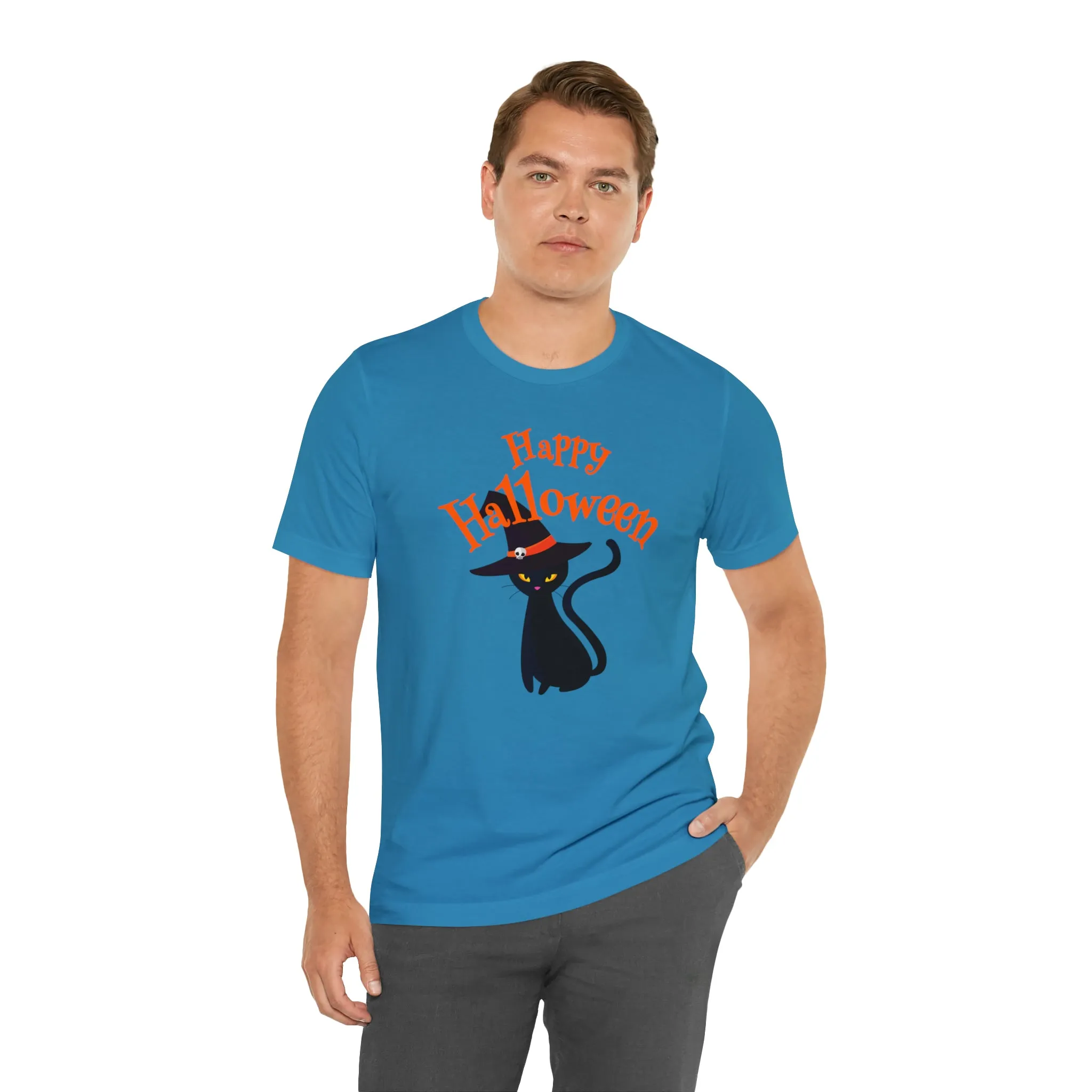 Happy Halloween Black Cat T-Shirt | Cat with Witche's Hat Tee |  Bella Canvas 3001Unisex | Funny Short Sleeve Tshirt