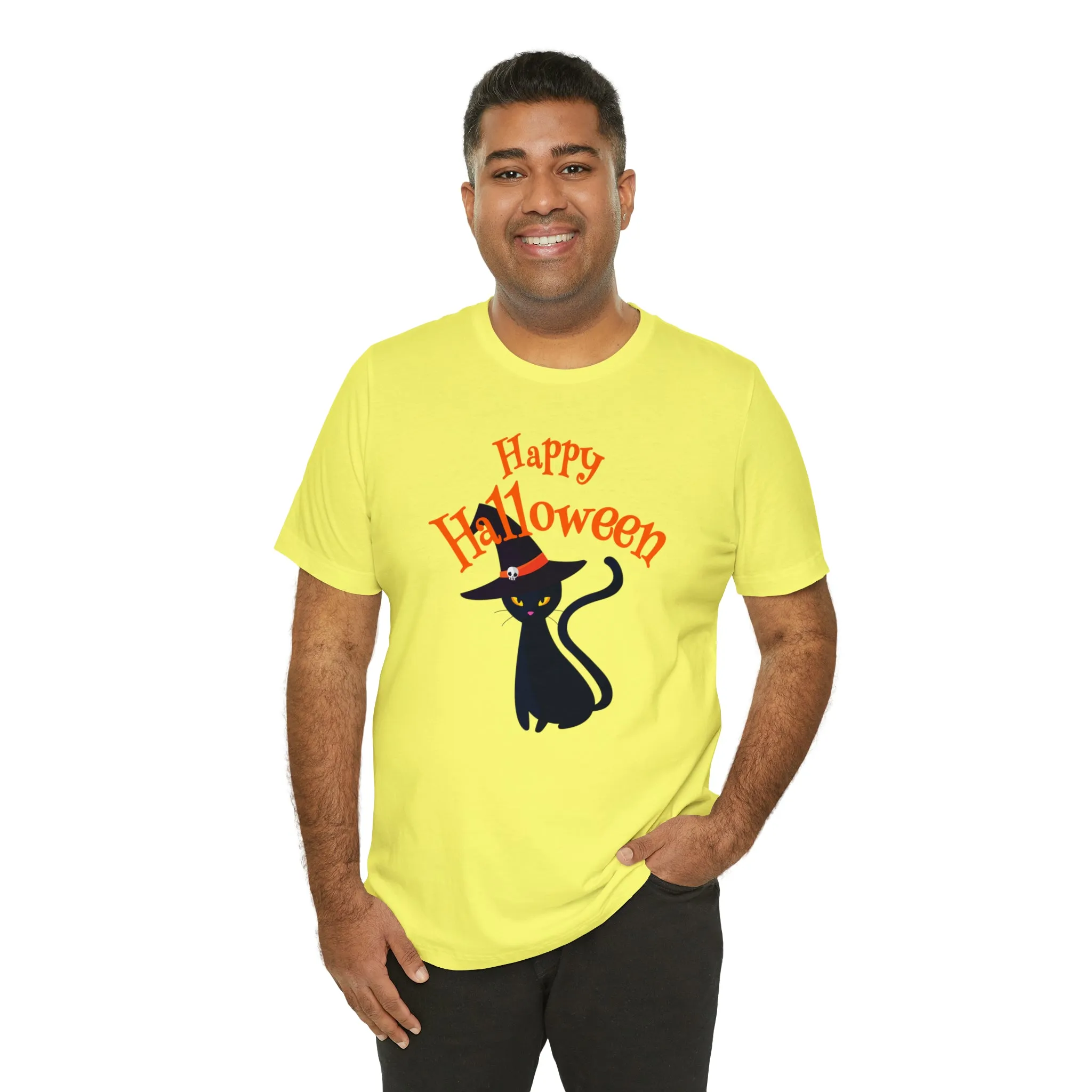 Happy Halloween Black Cat T-Shirt | Cat with Witche's Hat Tee |  Bella Canvas 3001Unisex | Funny Short Sleeve Tshirt