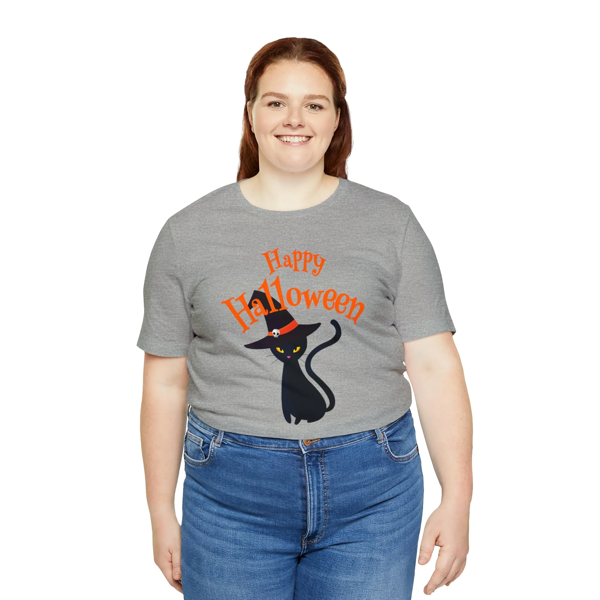 Happy Halloween Black Cat T-Shirt | Cat with Witche's Hat Tee |  Bella Canvas 3001Unisex | Funny Short Sleeve Tshirt