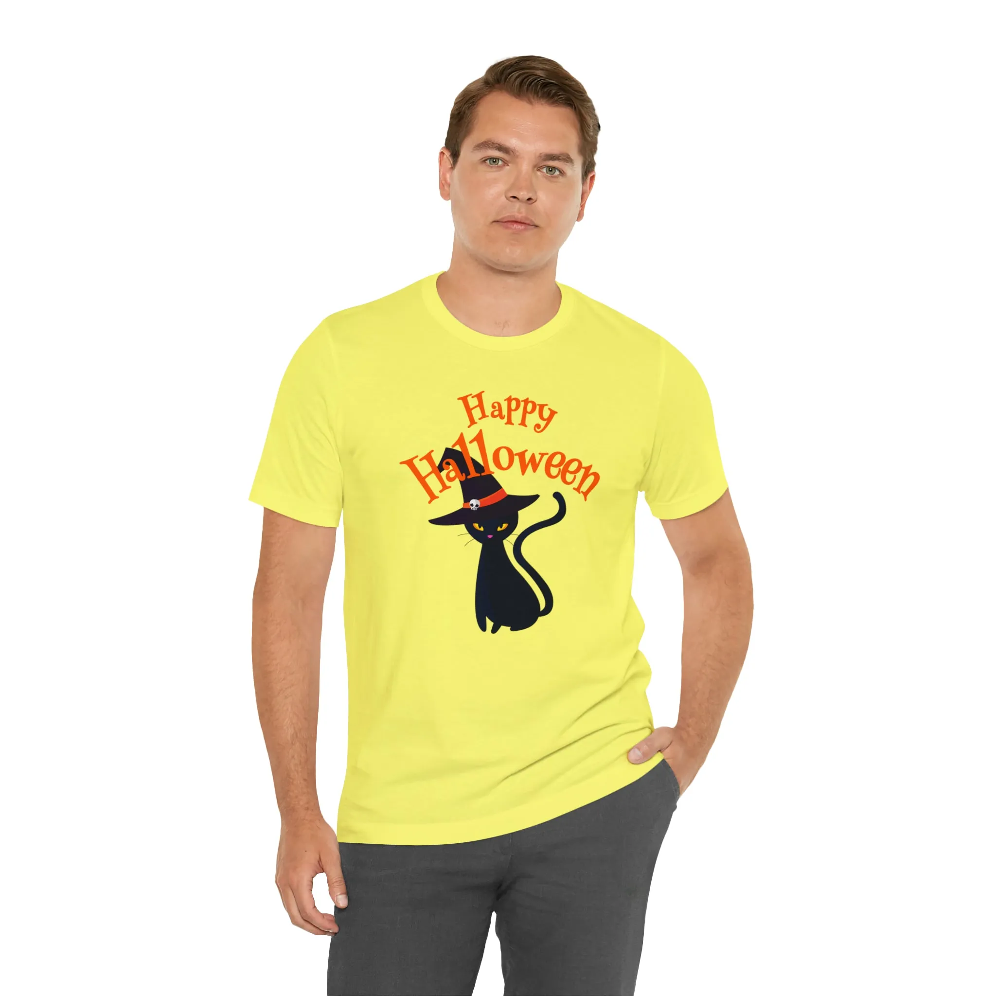 Happy Halloween Black Cat T-Shirt | Cat with Witche's Hat Tee |  Bella Canvas 3001Unisex | Funny Short Sleeve Tshirt