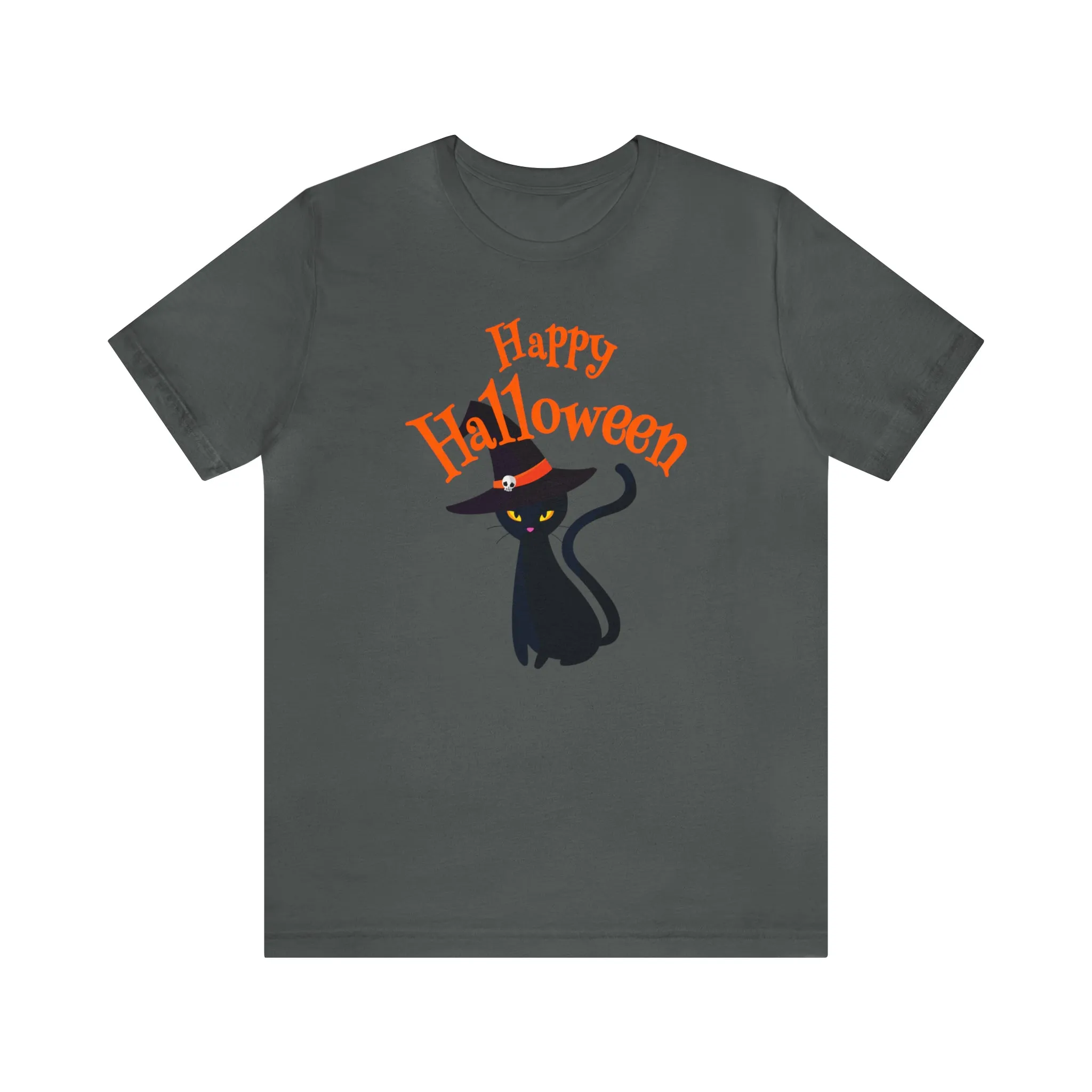 Happy Halloween Black Cat T-Shirt | Cat with Witche's Hat Tee |  Bella Canvas 3001Unisex | Funny Short Sleeve Tshirt