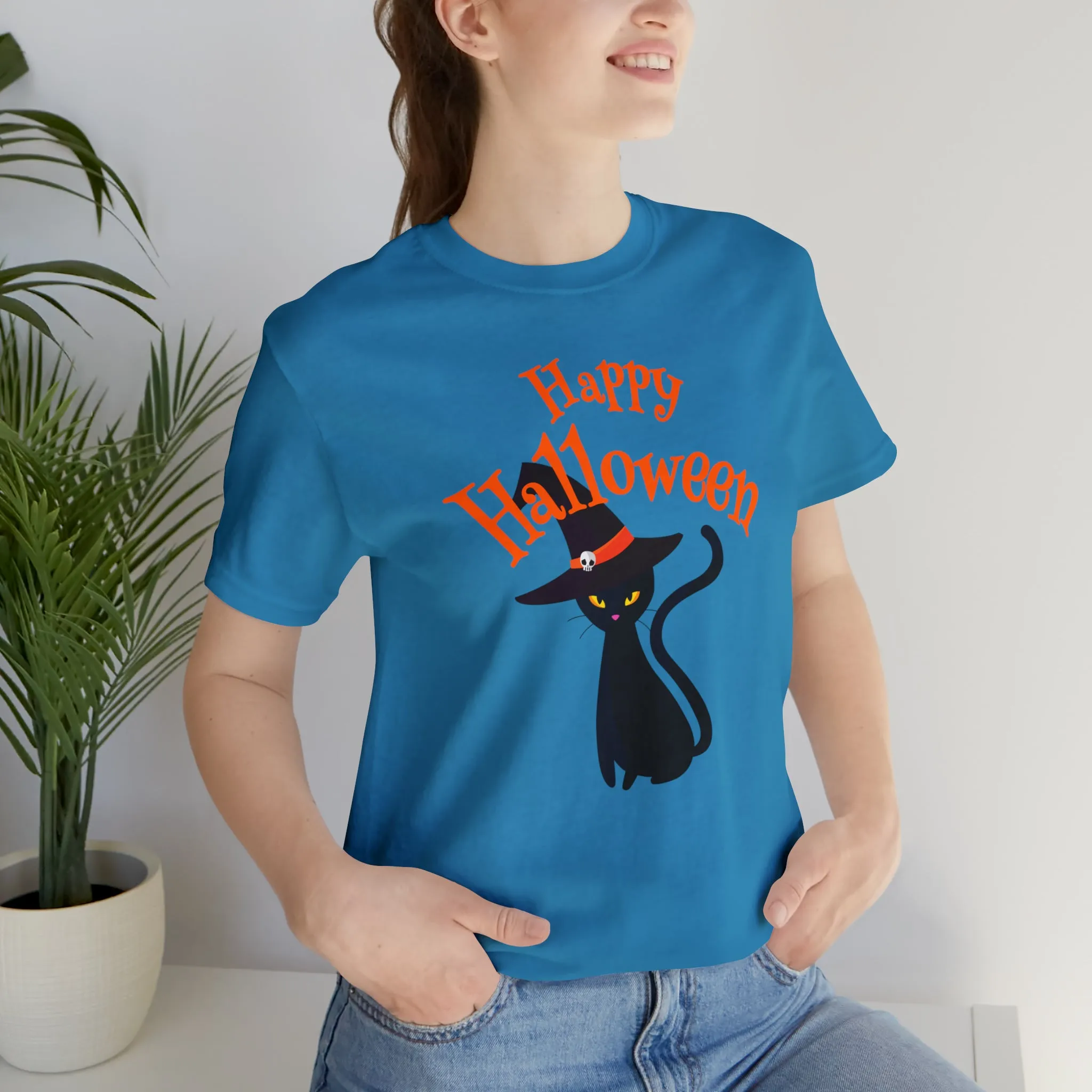 Happy Halloween Black Cat T-Shirt | Cat with Witche's Hat Tee |  Bella Canvas 3001Unisex | Funny Short Sleeve Tshirt