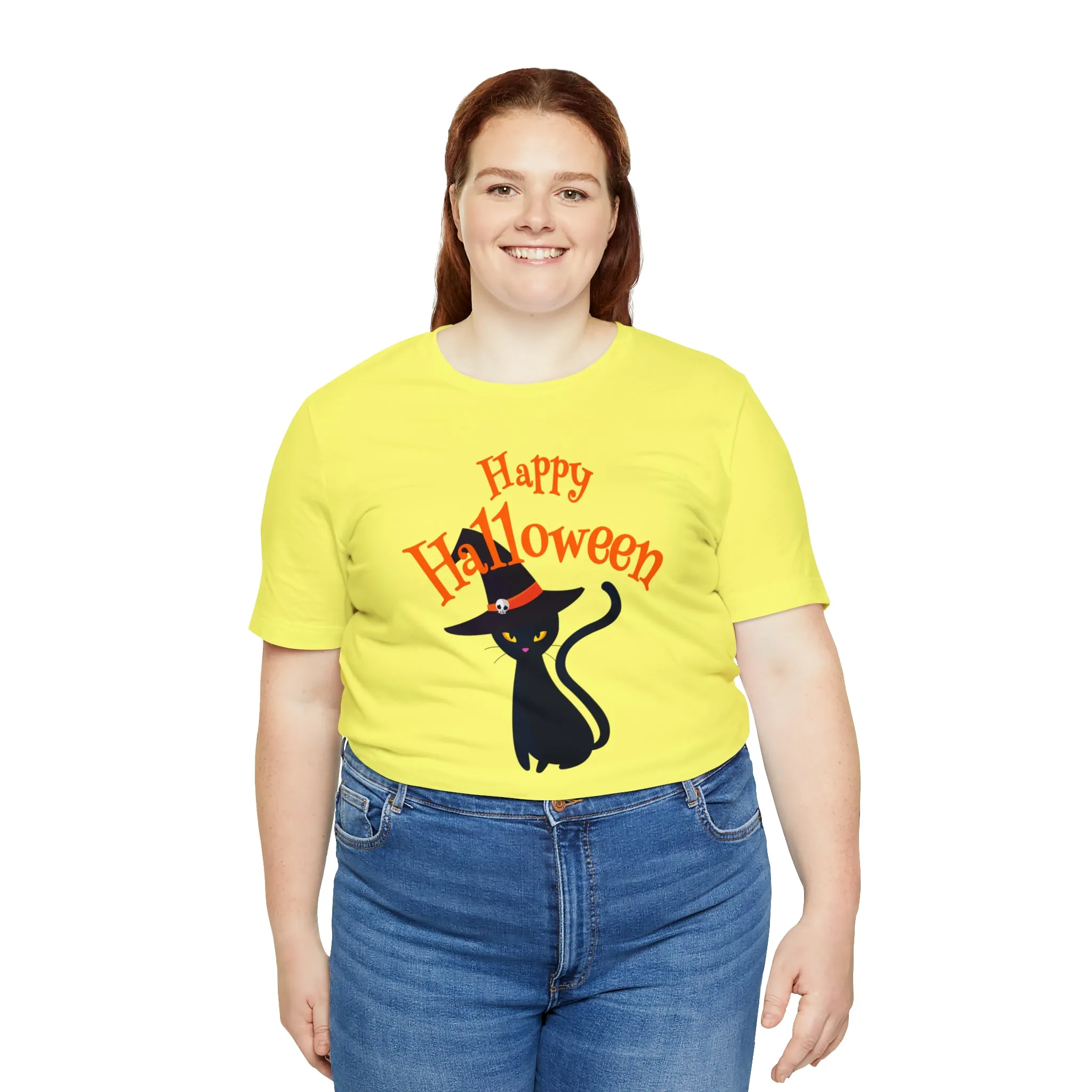 Happy Halloween Black Cat T-Shirt | Cat with Witche's Hat Tee |  Bella Canvas 3001Unisex | Funny Short Sleeve Tshirt
