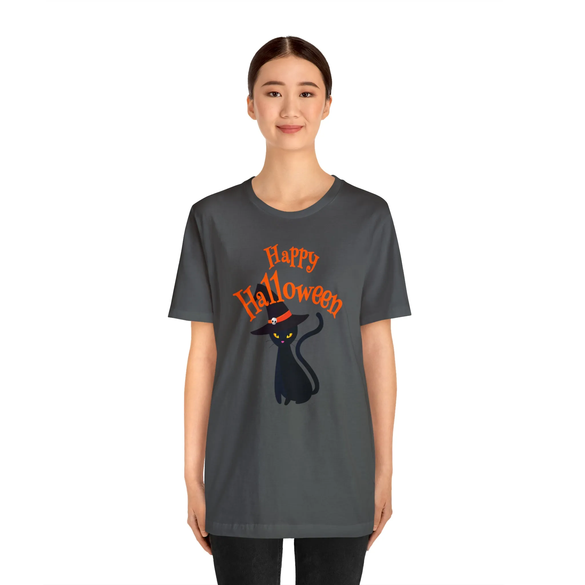 Happy Halloween Black Cat T-Shirt | Cat with Witche's Hat Tee |  Bella Canvas 3001Unisex | Funny Short Sleeve Tshirt