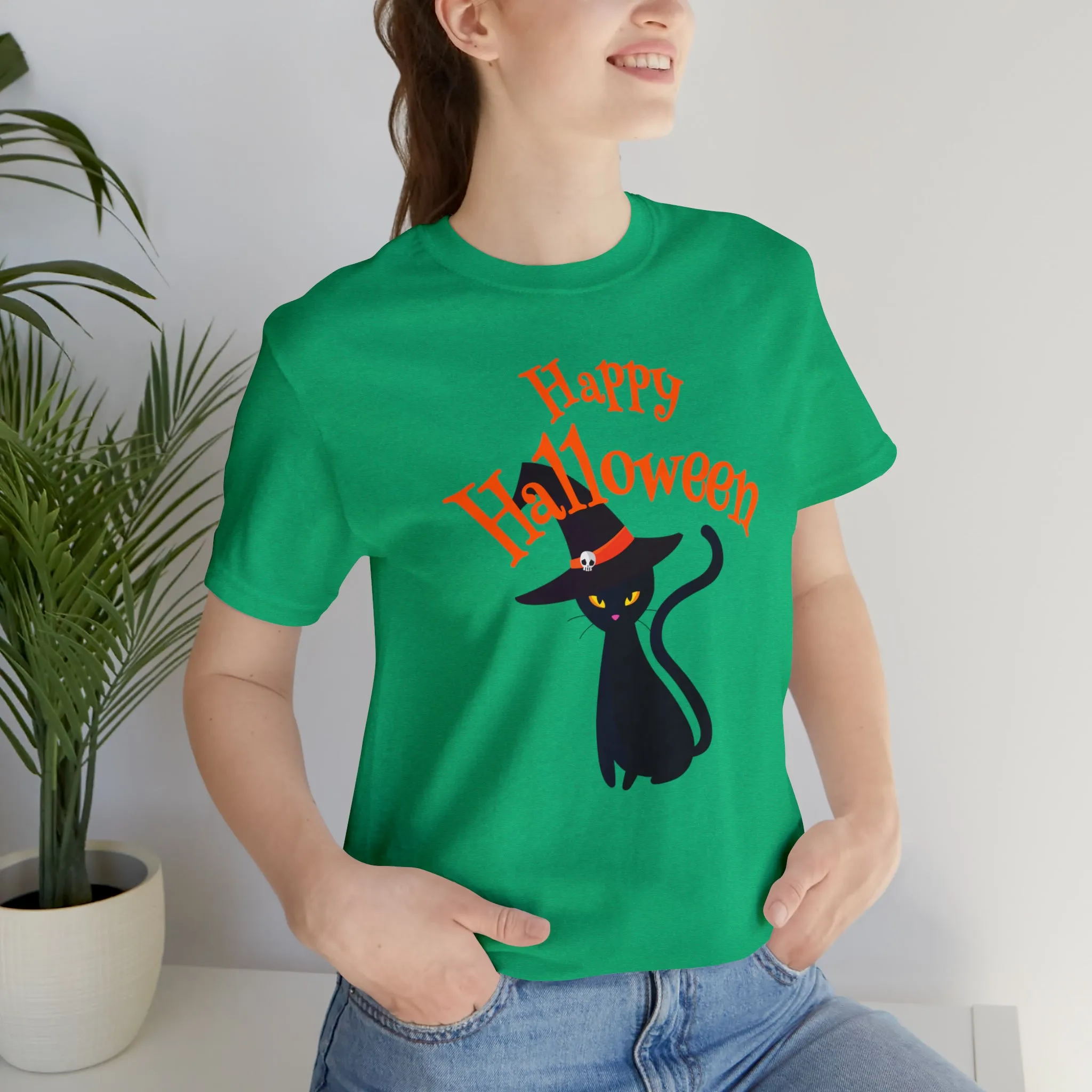 Happy Halloween Black Cat T-Shirt | Cat with Witche's Hat Tee |  Bella Canvas 3001Unisex | Funny Short Sleeve Tshirt