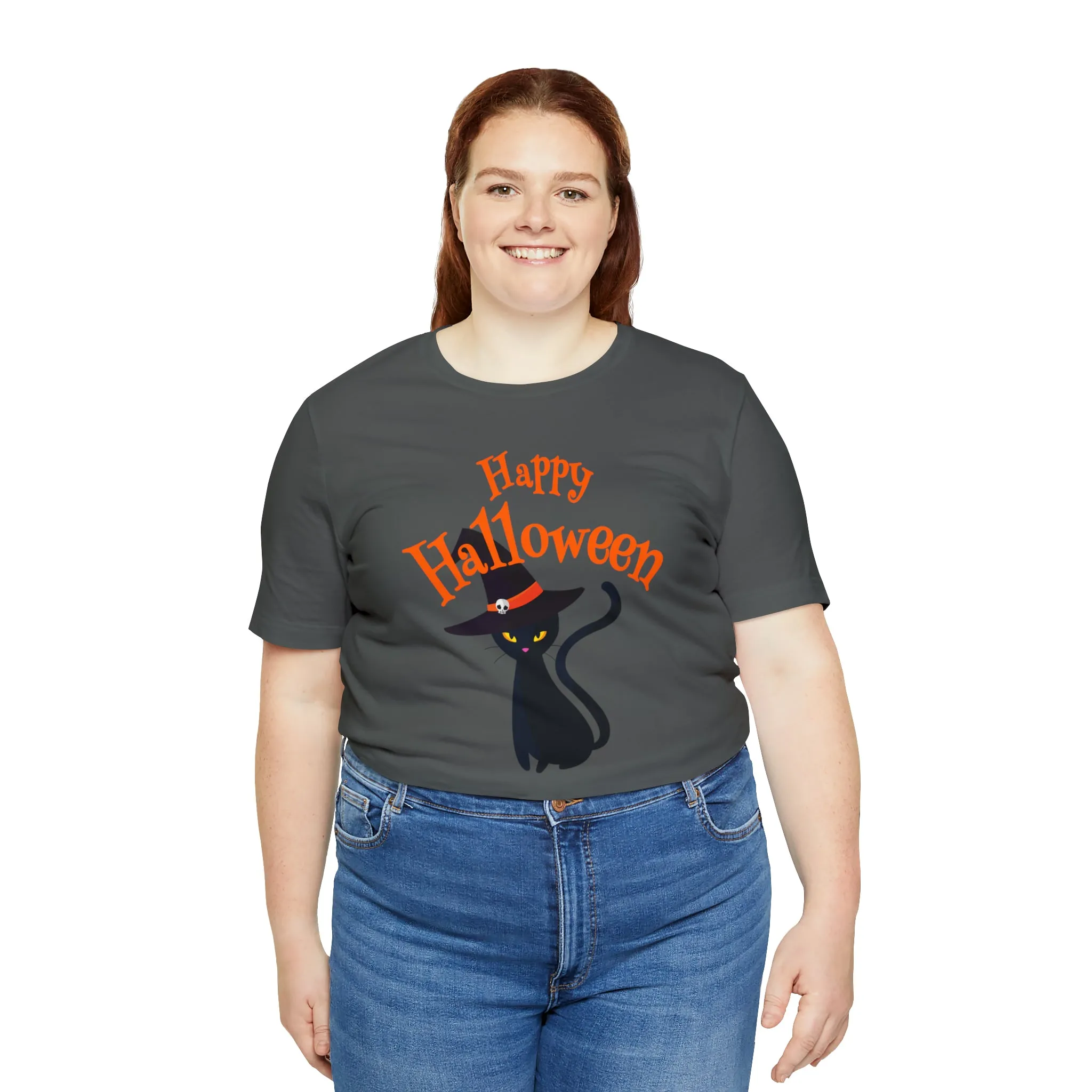 Happy Halloween Black Cat T-Shirt | Cat with Witche's Hat Tee |  Bella Canvas 3001Unisex | Funny Short Sleeve Tshirt