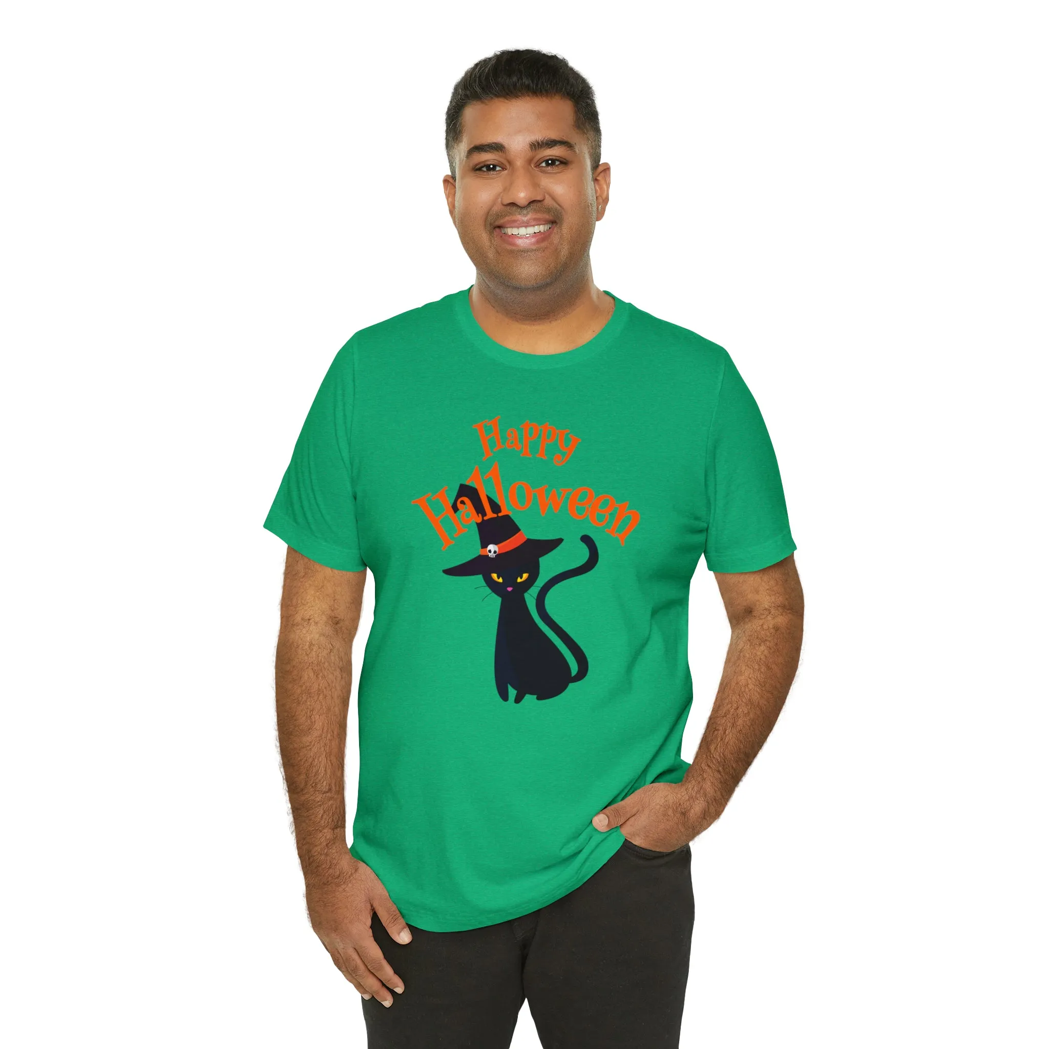 Happy Halloween Black Cat T-Shirt | Cat with Witche's Hat Tee |  Bella Canvas 3001Unisex | Funny Short Sleeve Tshirt
