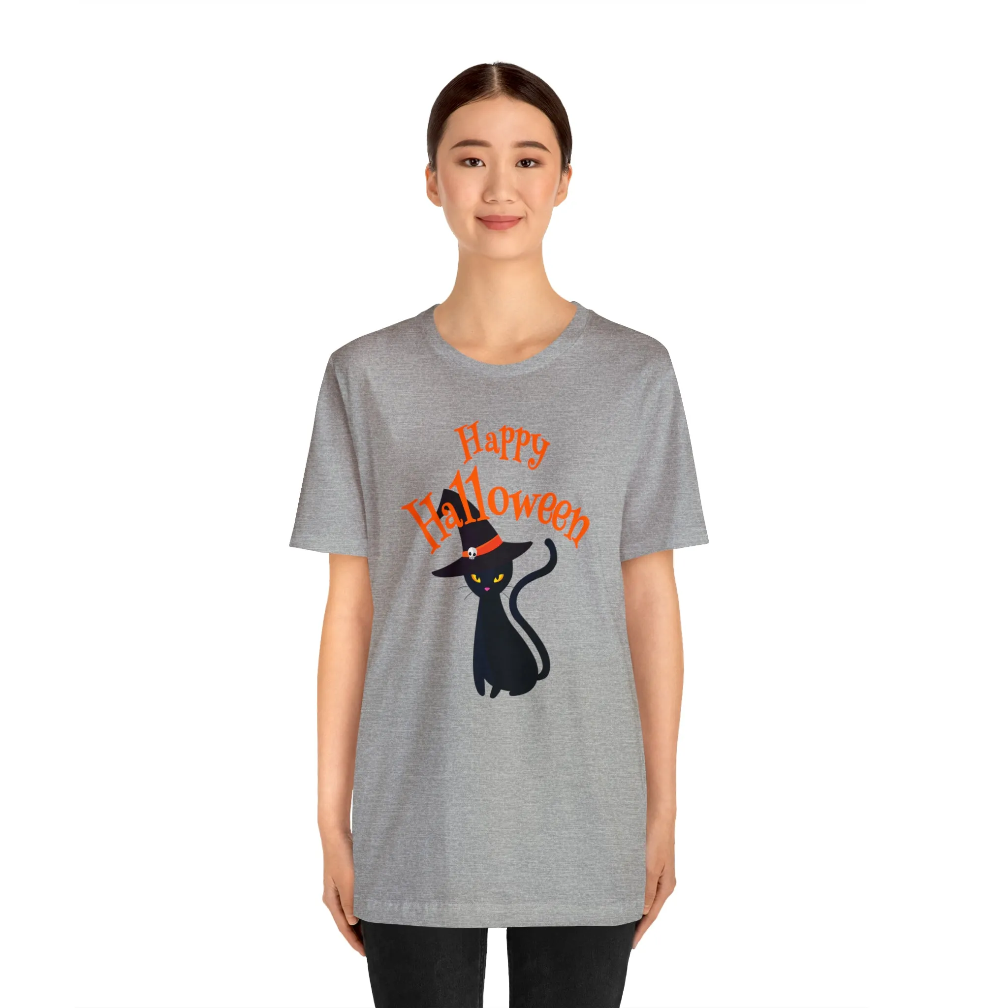 Happy Halloween Black Cat T-Shirt | Cat with Witche's Hat Tee |  Bella Canvas 3001Unisex | Funny Short Sleeve Tshirt
