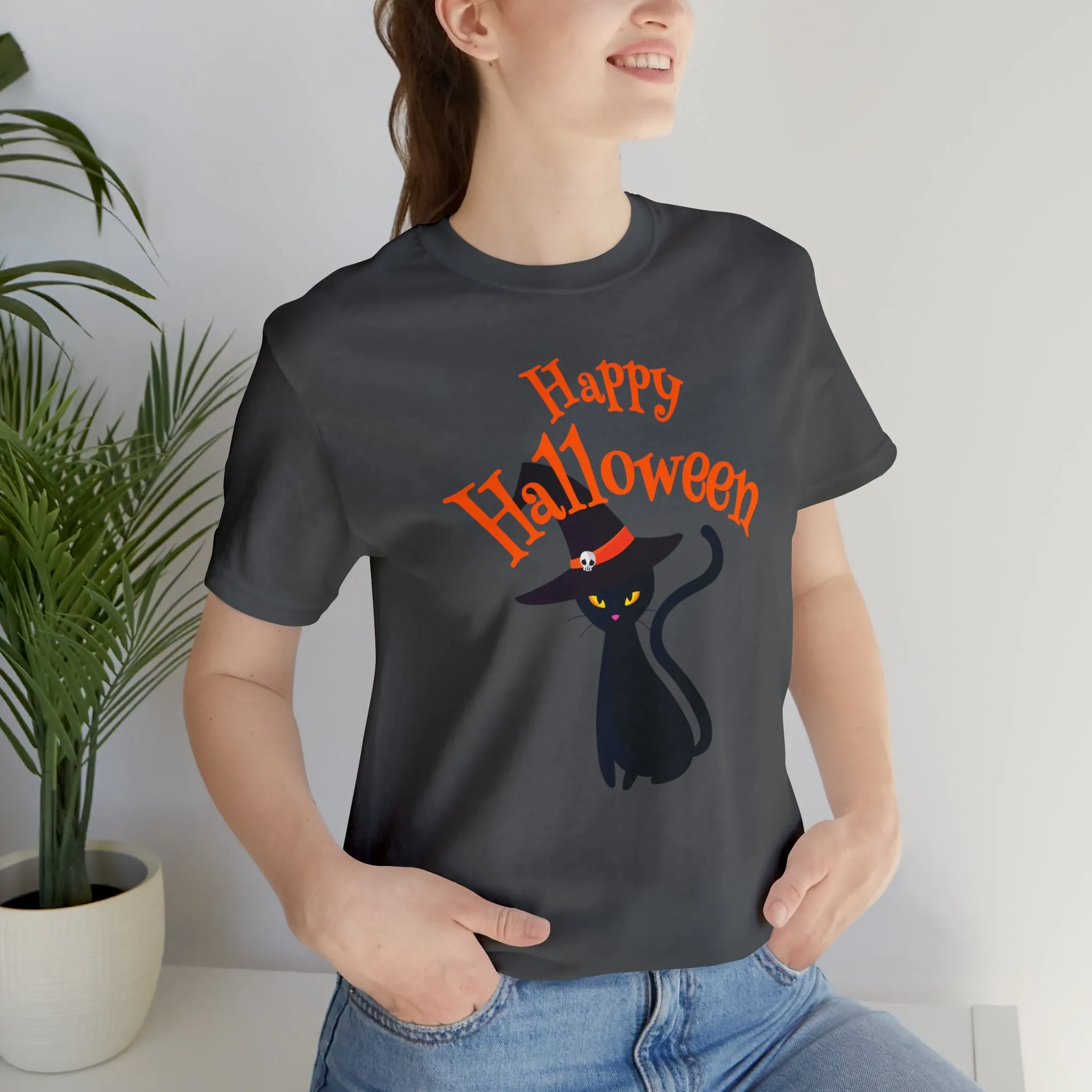 Happy Halloween Black Cat T-Shirt | Cat with Witche's Hat Tee |  Bella Canvas 3001Unisex | Funny Short Sleeve Tshirt