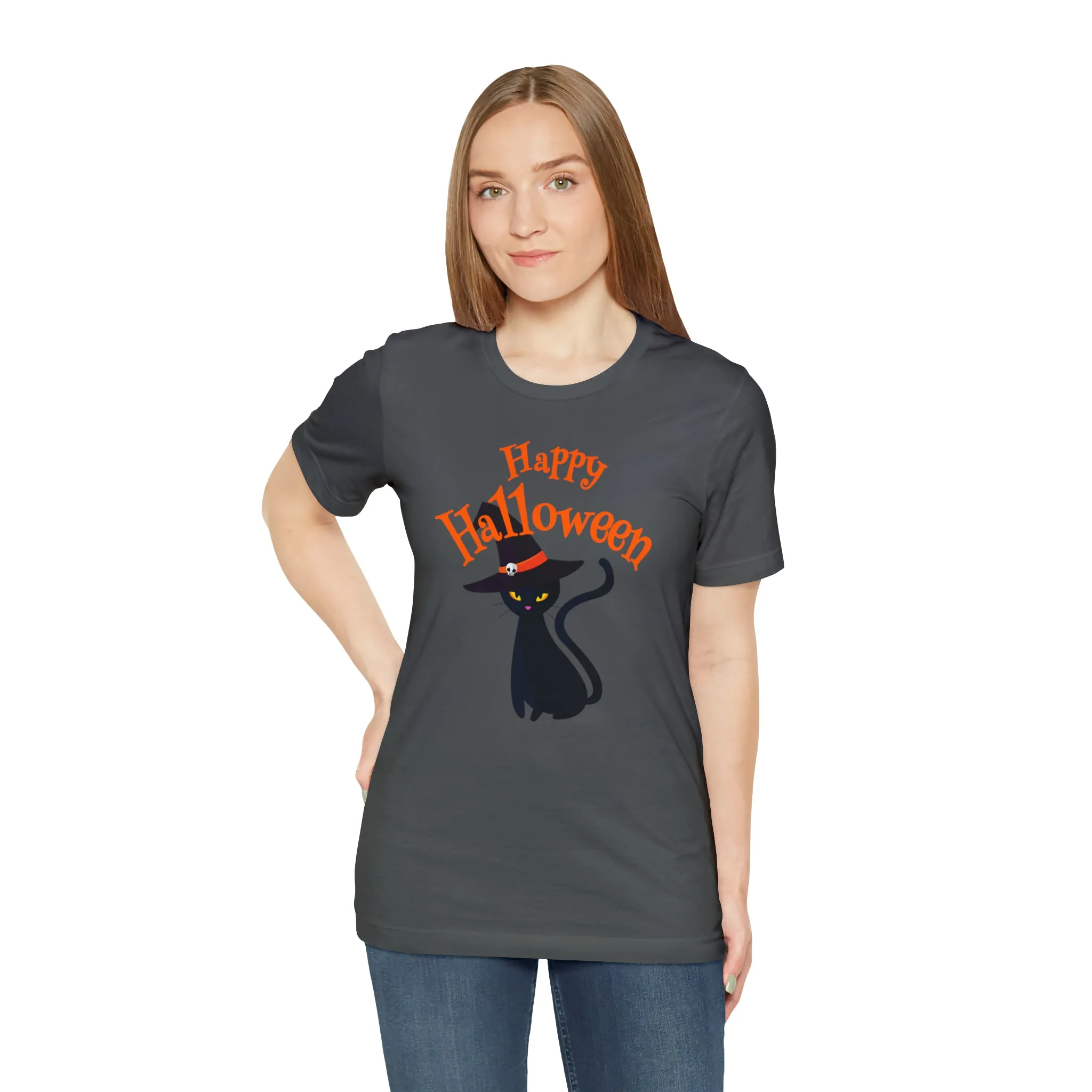 Happy Halloween Black Cat T-Shirt | Cat with Witche's Hat Tee |  Bella Canvas 3001Unisex | Funny Short Sleeve Tshirt