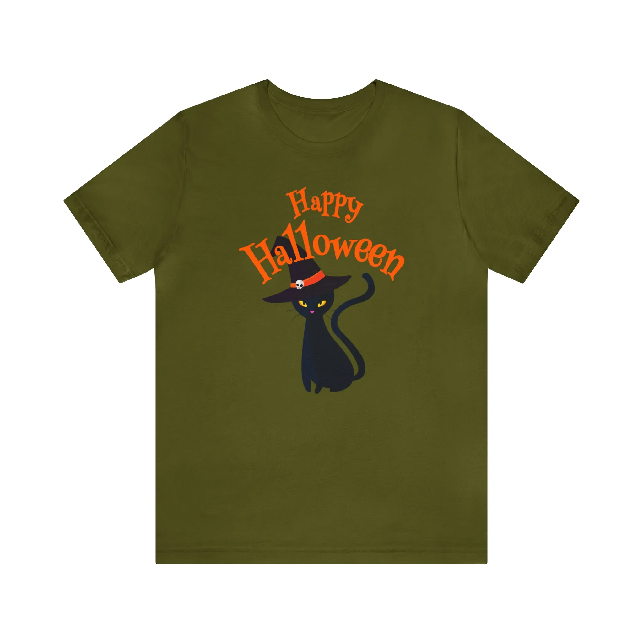 Happy Halloween Black Cat T-Shirt | Cat with Witche's Hat Tee |  Bella Canvas 3001Unisex | Funny Short Sleeve Tshirt