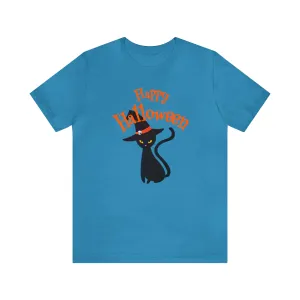Happy Halloween Black Cat T-Shirt | Cat with Witche's Hat Tee |  Bella Canvas 3001Unisex | Funny Short Sleeve Tshirt