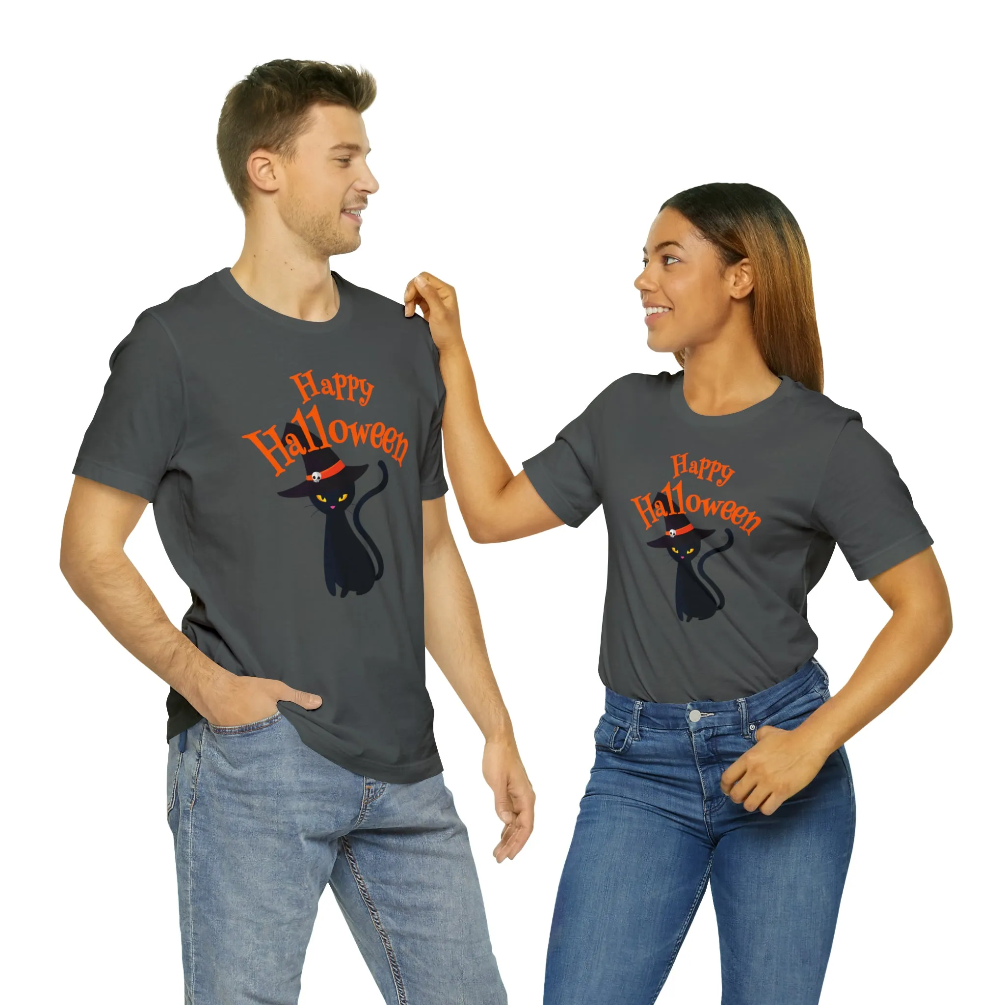 Happy Halloween Black Cat T-Shirt | Cat with Witche's Hat Tee |  Bella Canvas 3001Unisex | Funny Short Sleeve Tshirt