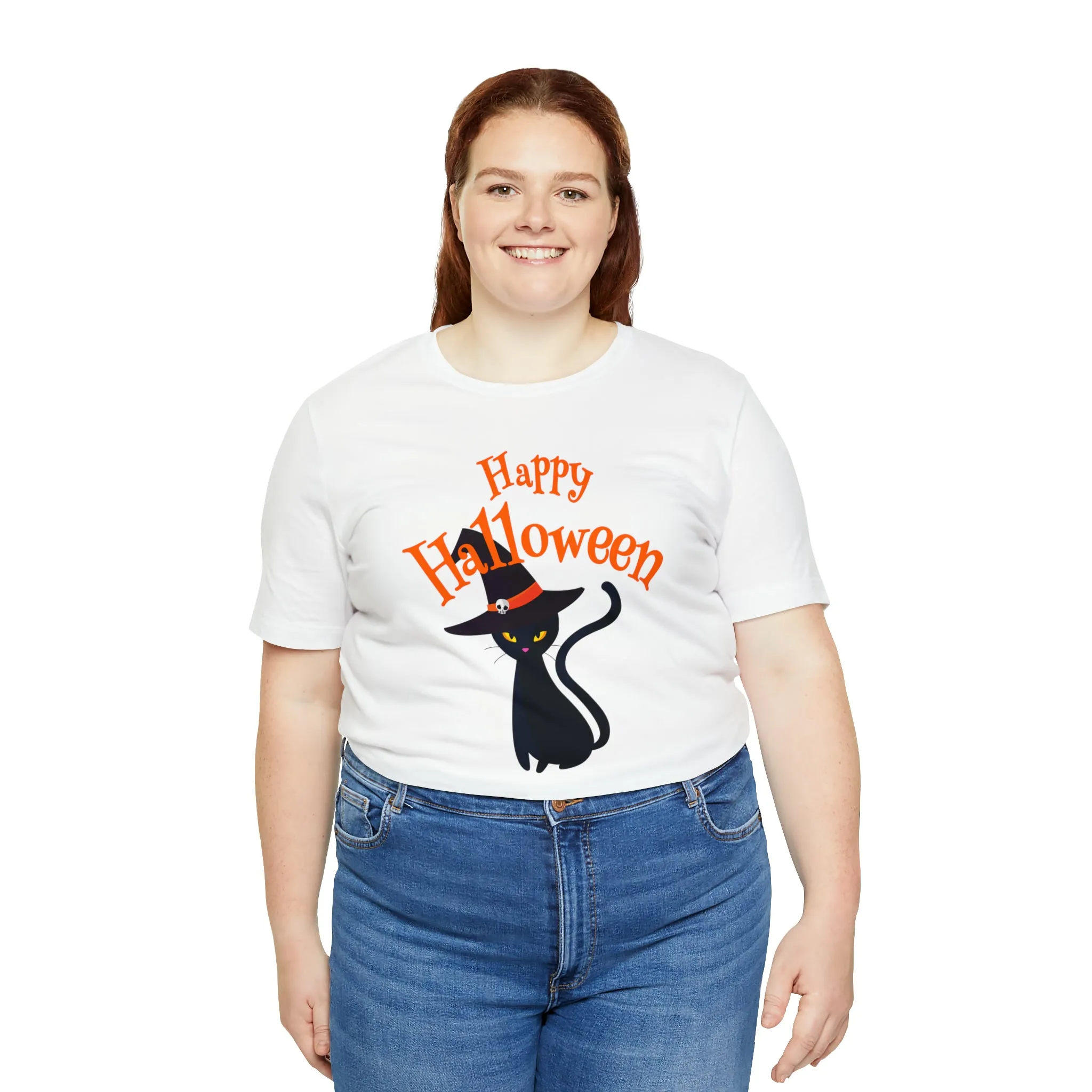 Happy Halloween Black Cat T-Shirt | Cat with Witche's Hat Tee |  Bella Canvas 3001Unisex | Funny Short Sleeve Tshirt