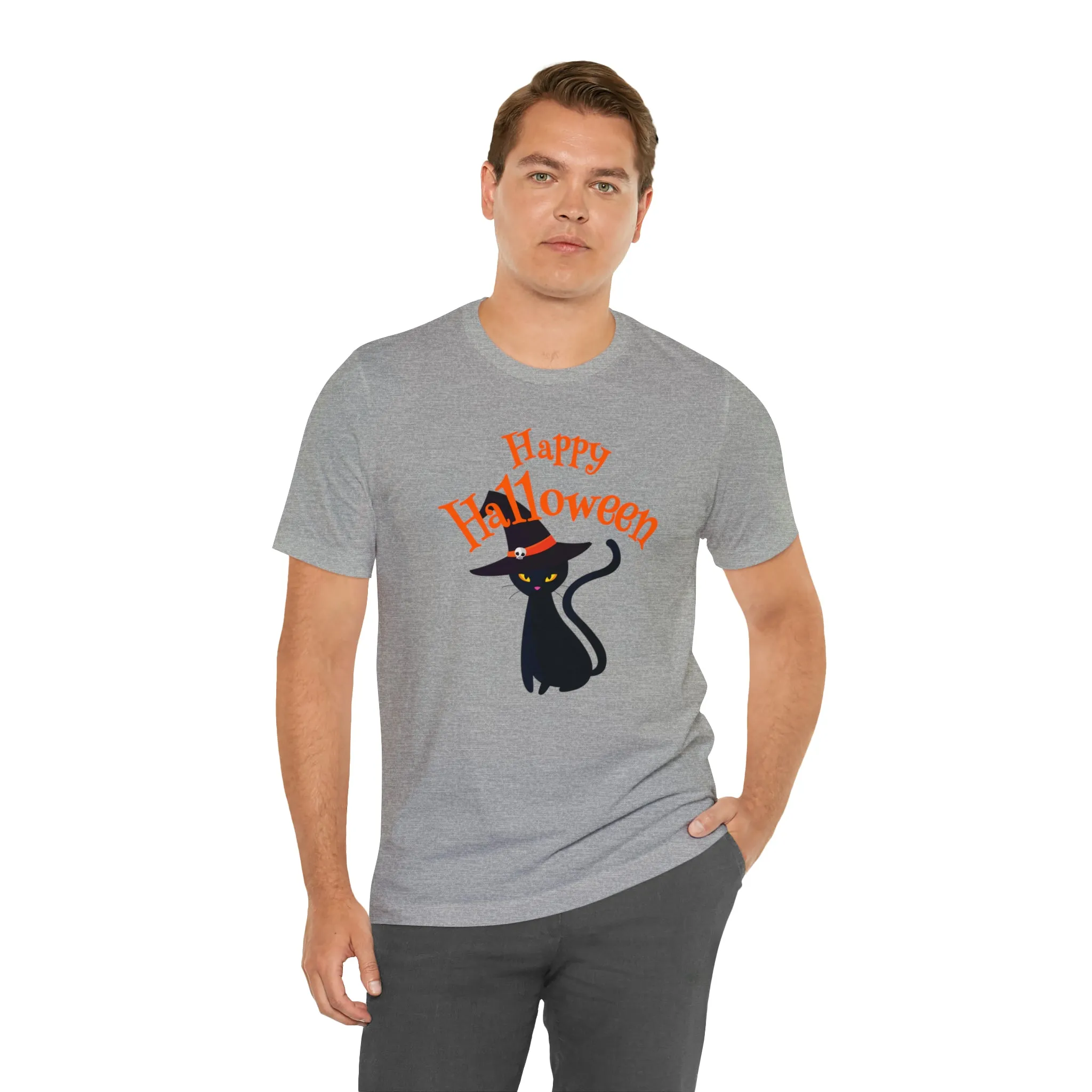 Happy Halloween Black Cat T-Shirt | Cat with Witche's Hat Tee |  Bella Canvas 3001Unisex | Funny Short Sleeve Tshirt